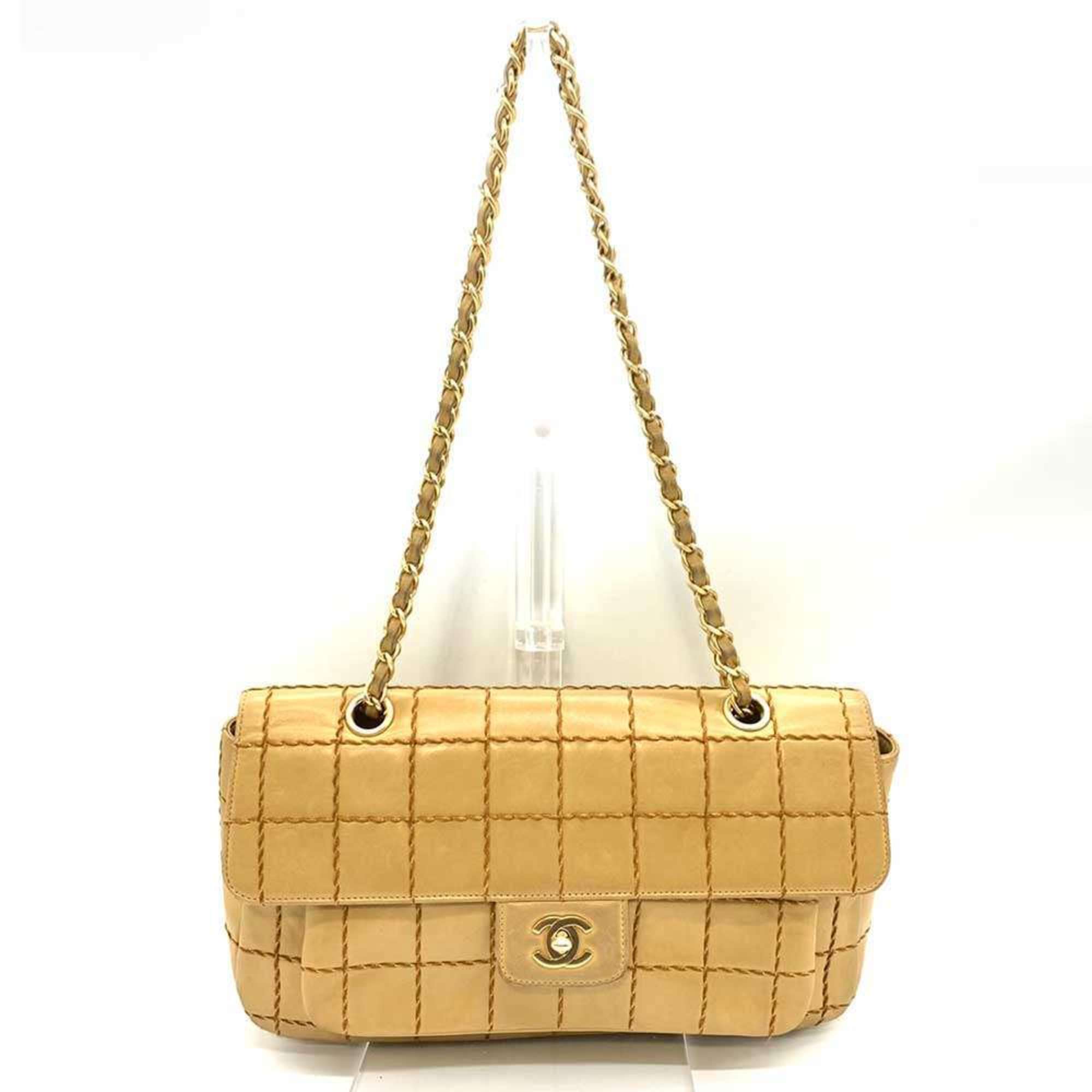 CHANEL Wild Stitch Chocolate Bar Chain Shoulder Lambskin Bag Beige