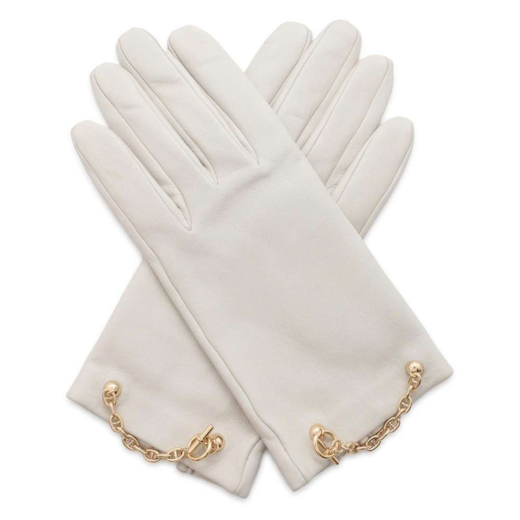 Hermes Gloves Bonnie Chaine d'Ancre Grey Lambskin Size 7 HERMES