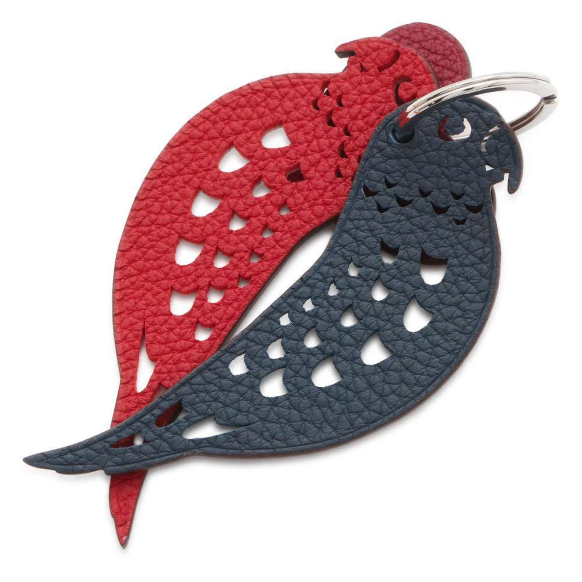 Hermes Charm Petite H Keychain Parakeet Motif Rouge vif Blue Indigo Epsom Leather