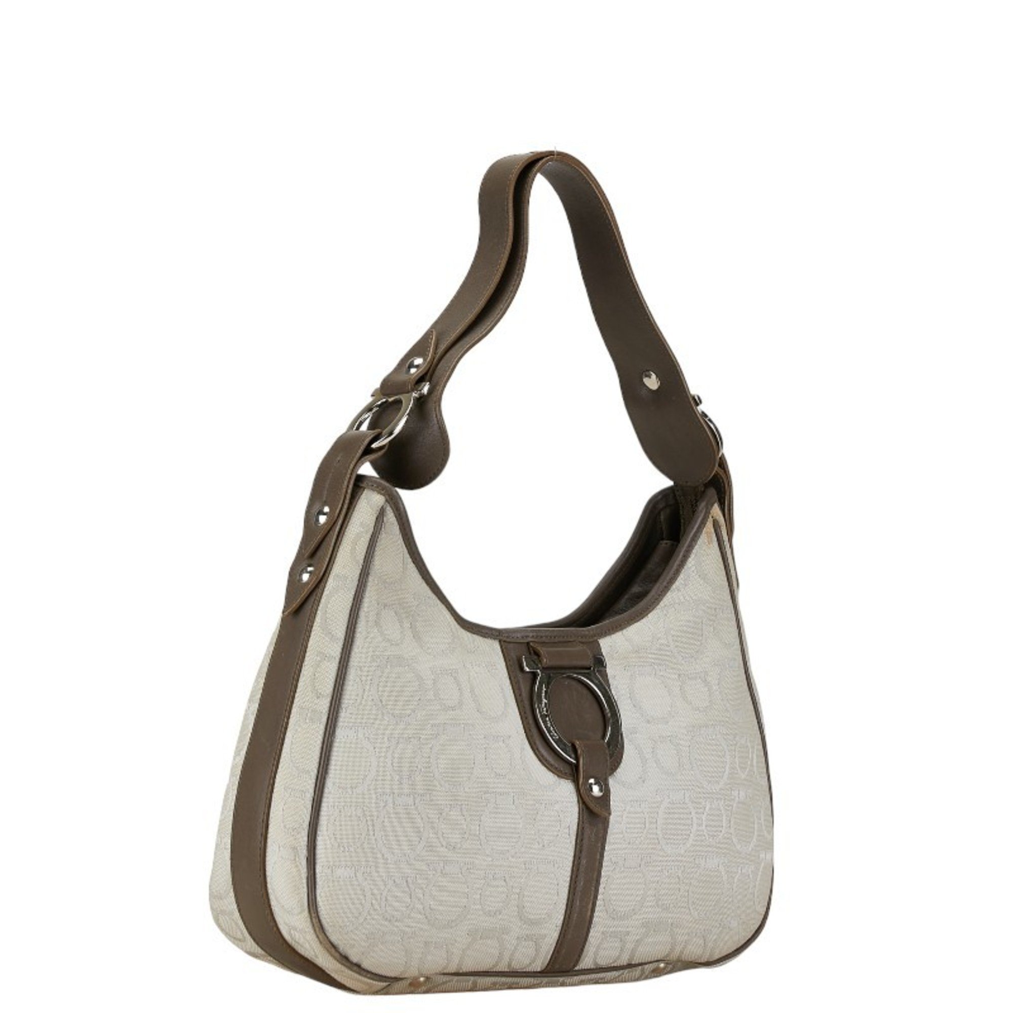 Salvatore Ferragamo Gancini Bag Handbag AF-21 6843 Gray Brown Canvas Leather Women's