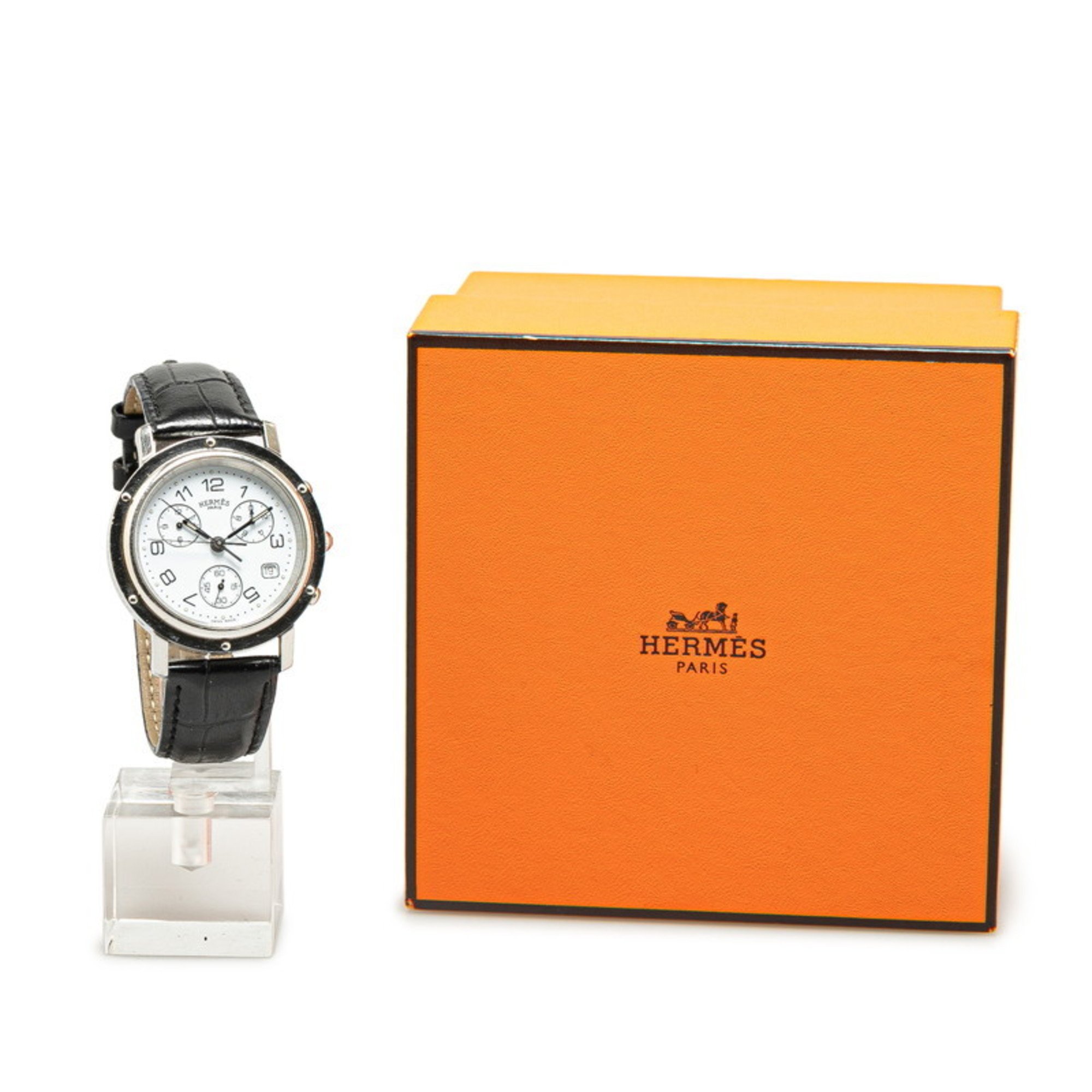 Hermes Clipper Chrono Watch CL1.910 Quartz White Dial Stainless Steel Leather Women's HERMES