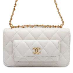 Chanel Chain Wallet Matelasse Coco Mark Caviar Skin CHANEL Pochette White Pouch Women's WALLET