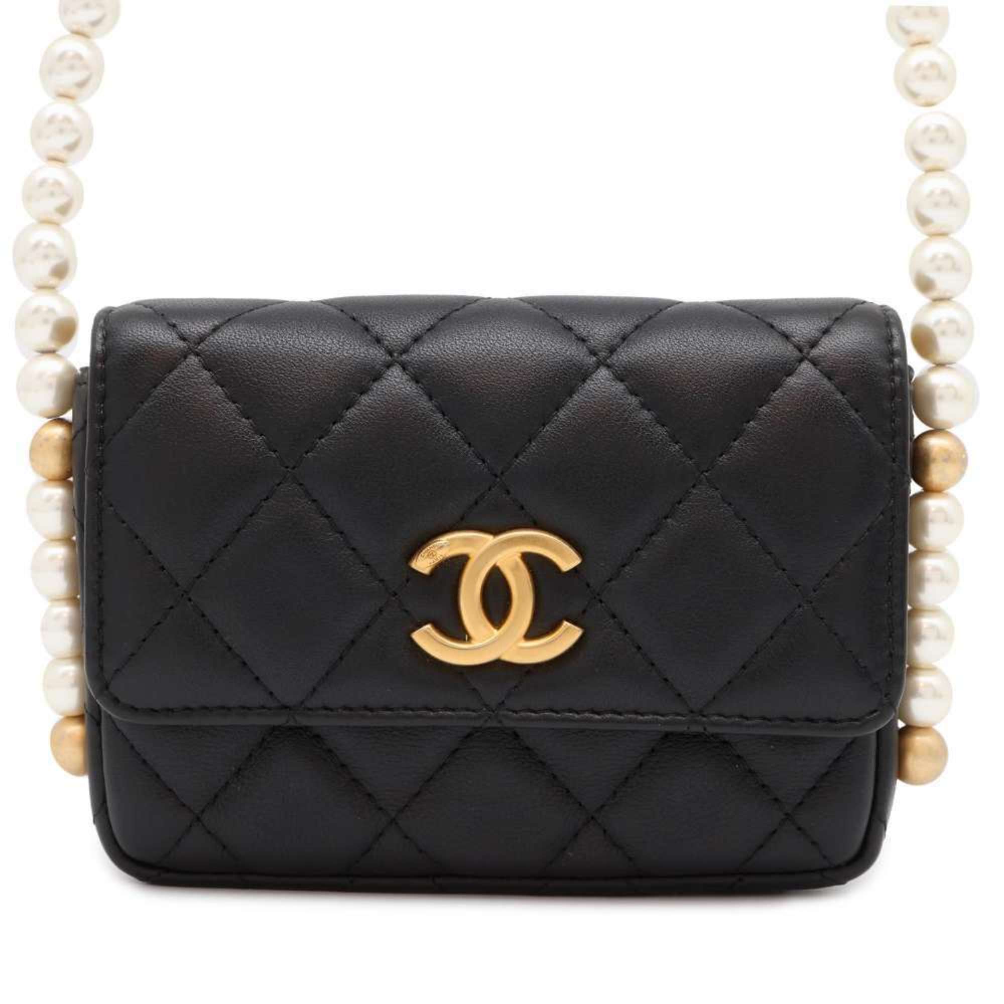 Chanel Shoulder Bag Fake Pearl Matelasse Coco Mark Lambskin CHANEL Black Women's