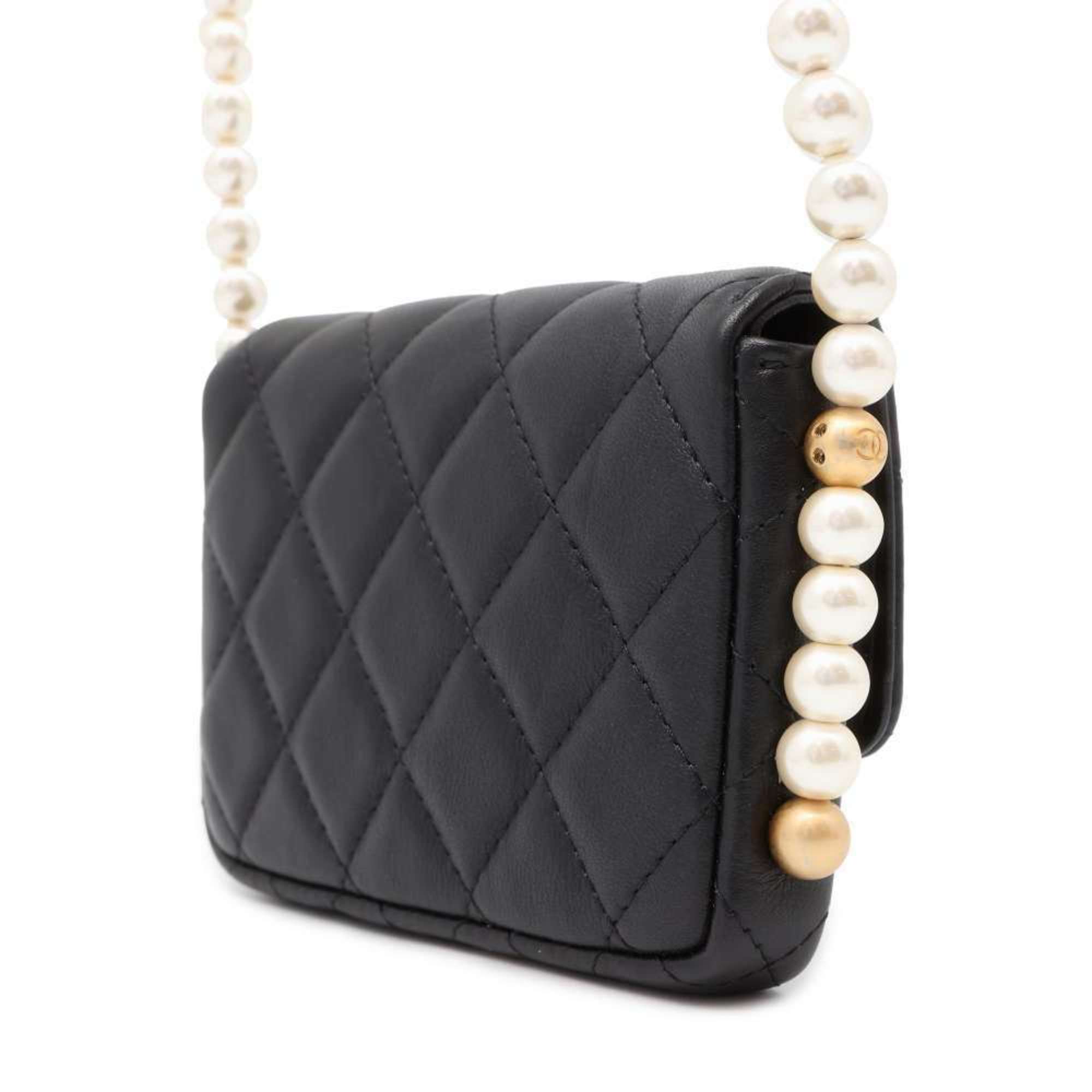 Chanel Shoulder Bag Fake Pearl Matelasse Coco Mark Lambskin CHANEL Black Women's