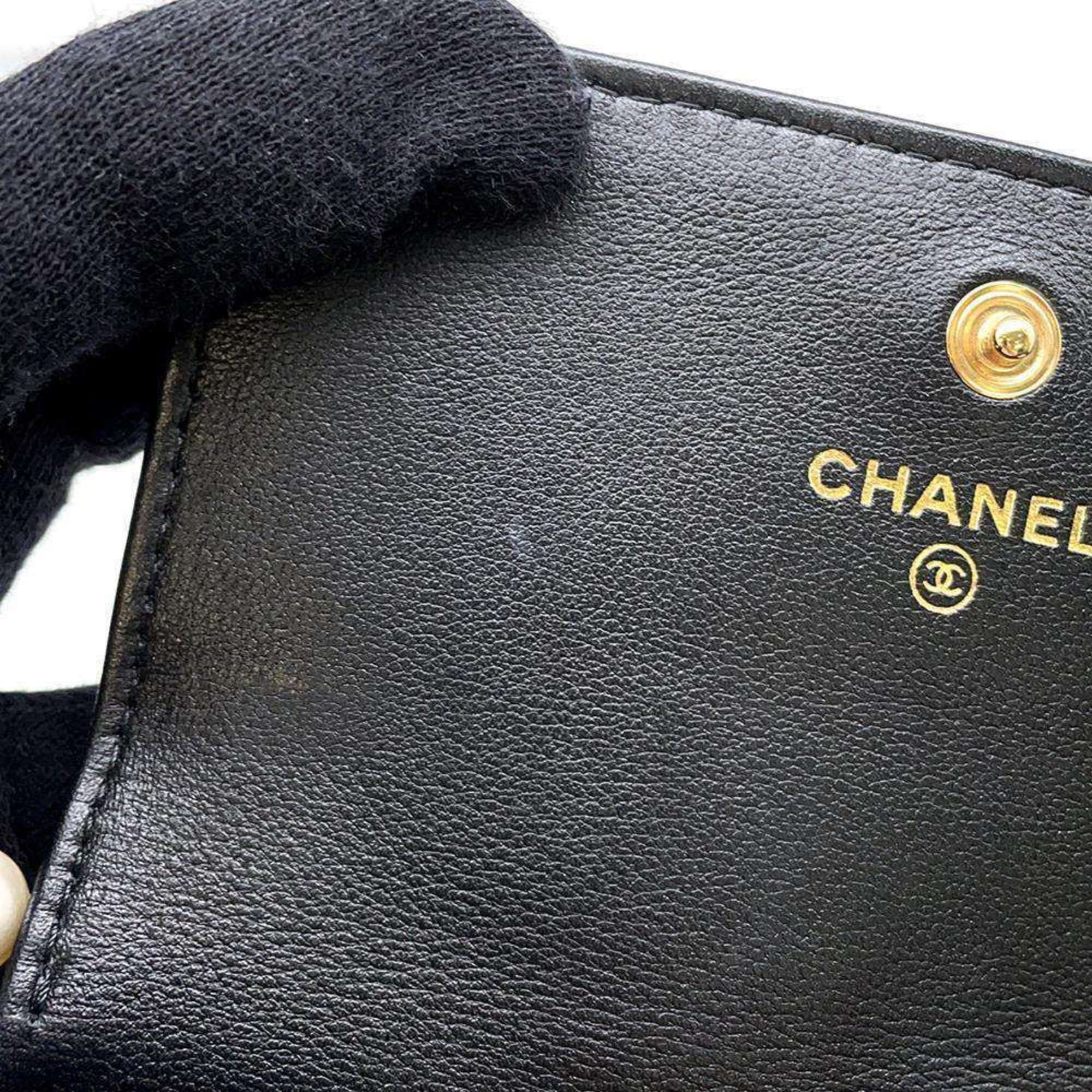 Chanel Shoulder Bag Fake Pearl Matelasse Coco Mark Lambskin CHANEL Black Women's