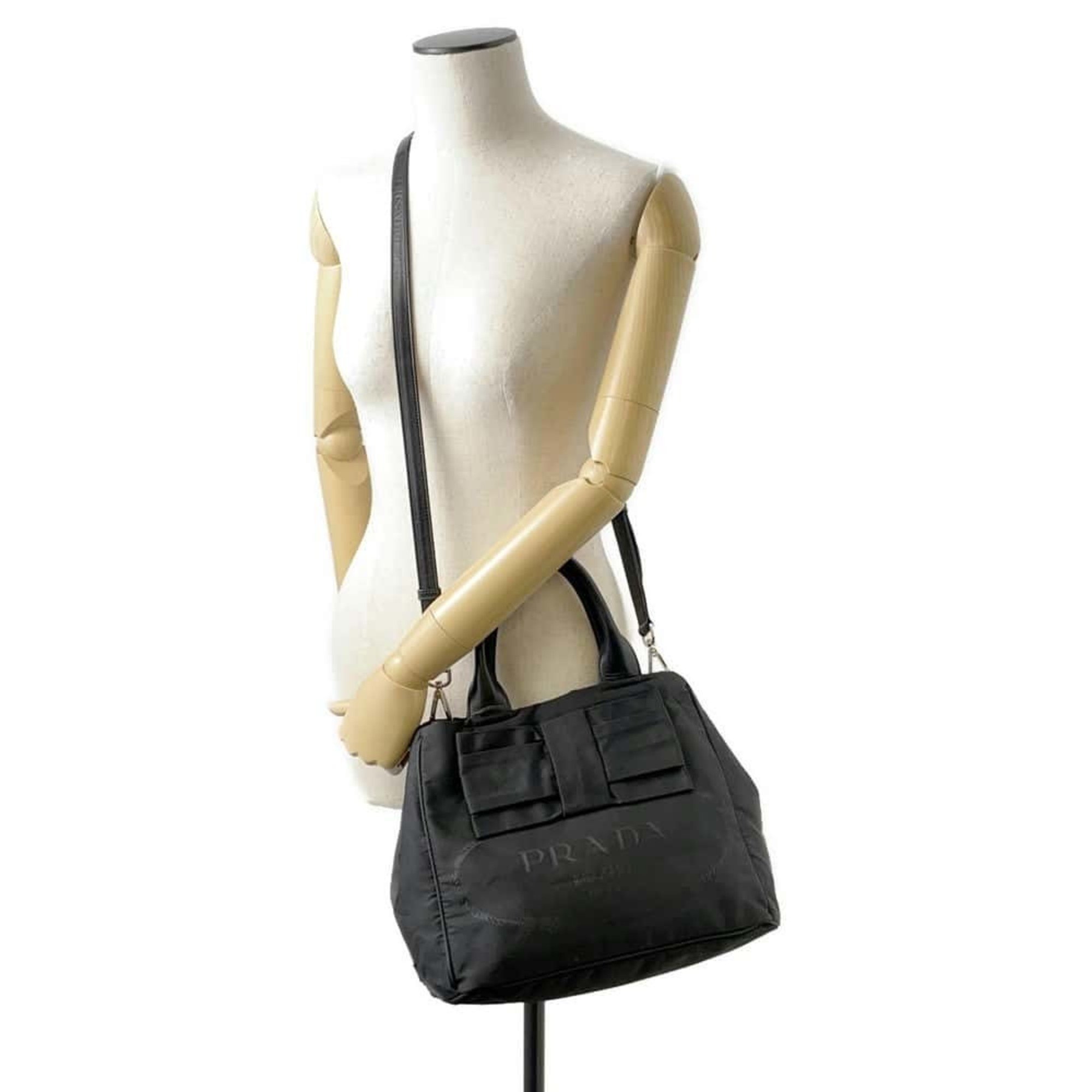 Prada Tote Bag Ribbon Nylon 1BG027 PRADA 2way Shoulder Black Women's