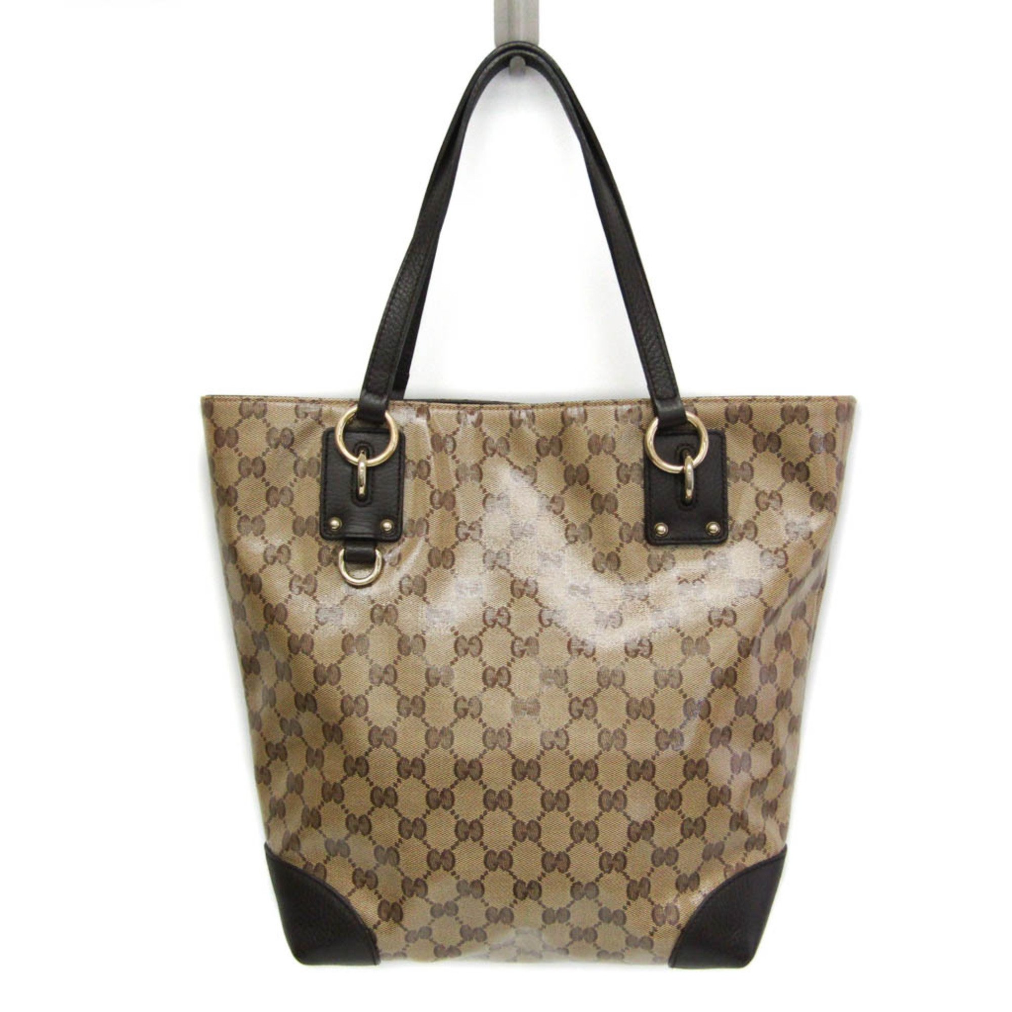 Gucci GG Crystal 353706 Women's PVC,Leather Tote Bag Beige,Dark Brown