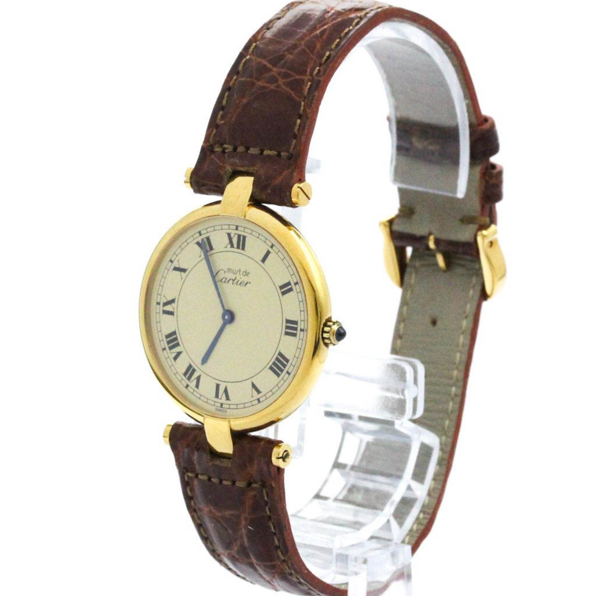 CARTIER Must Vendome Vermeil Gold Plated Leather Quartz Unisex Watch BF572330