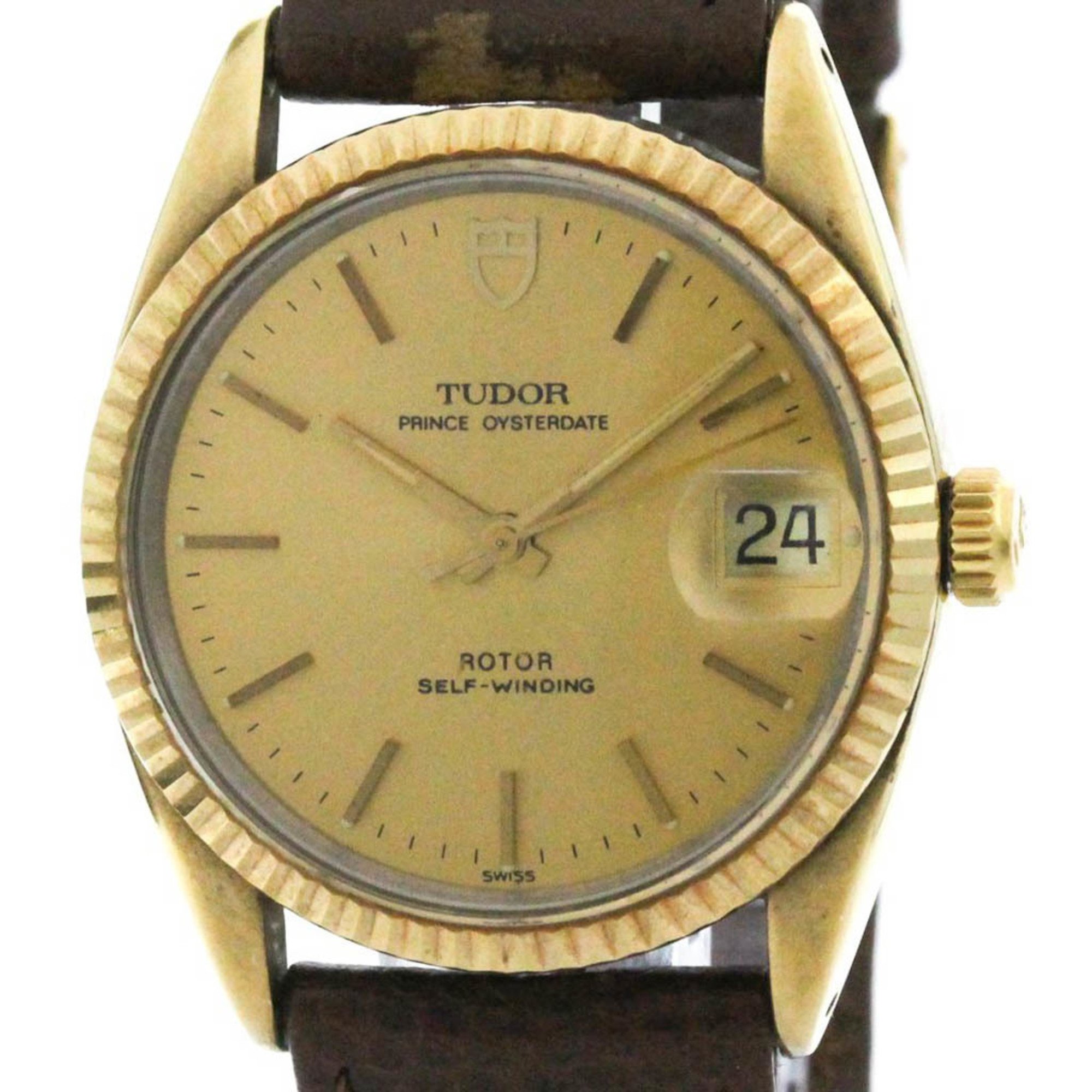 TUDOR Oyster Prince Date 18K Gold Leather Automatic Mens Watch BF574836