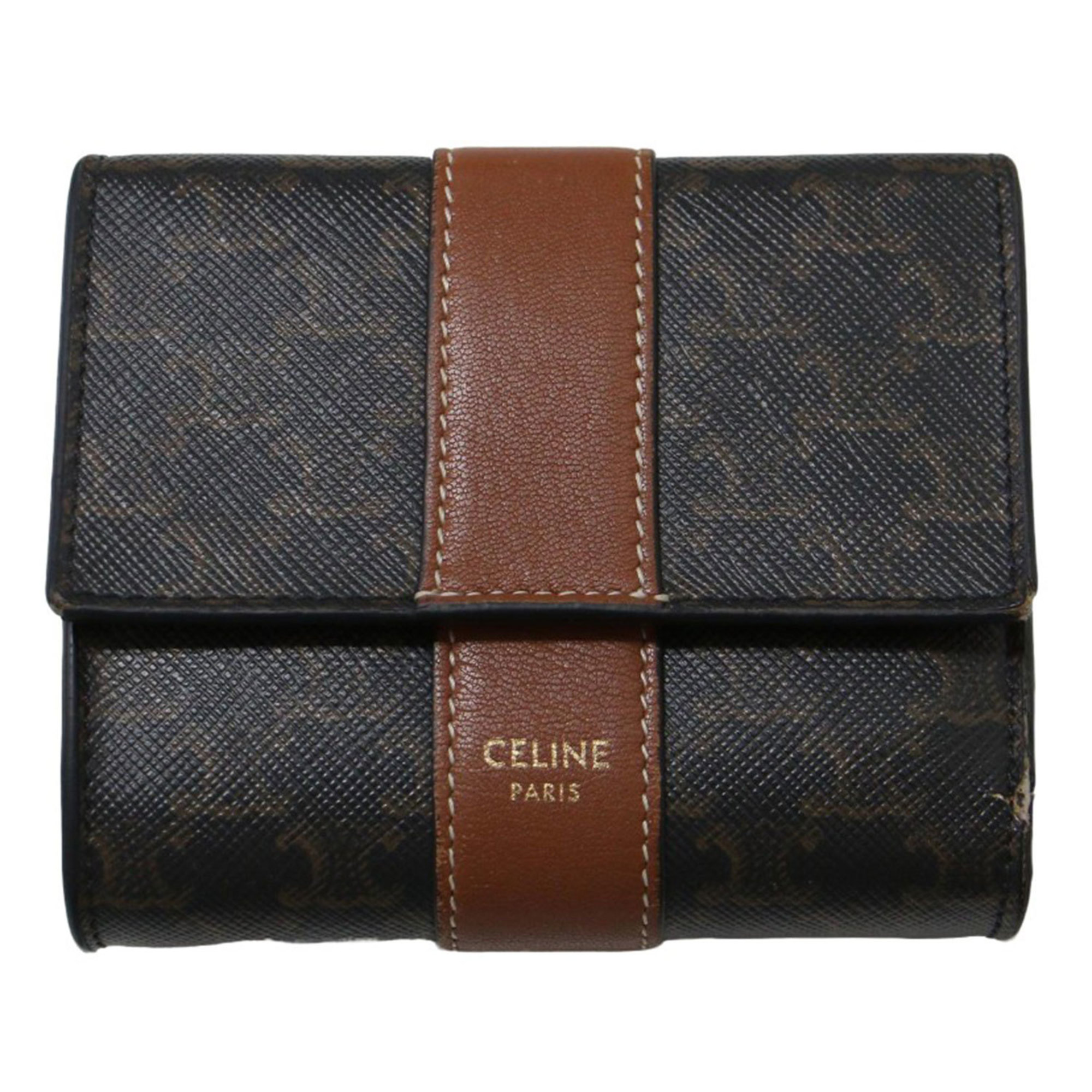 CELINE Wallet Brown Small Trifold Triomphe Canvas Lambskin Tri-fold Women's