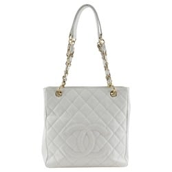 CHANEL PST Chain Tote Shoulder Bag Caviar Skin White A5 Snap Button Women's