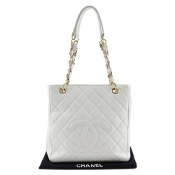 CHANEL PST Chain Tote Shoulder Bag Caviar Skin White A5 Snap Button Women's