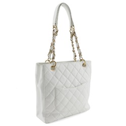 CHANEL PST Chain Tote Shoulder Bag Caviar Skin White A5 Snap Button Women's