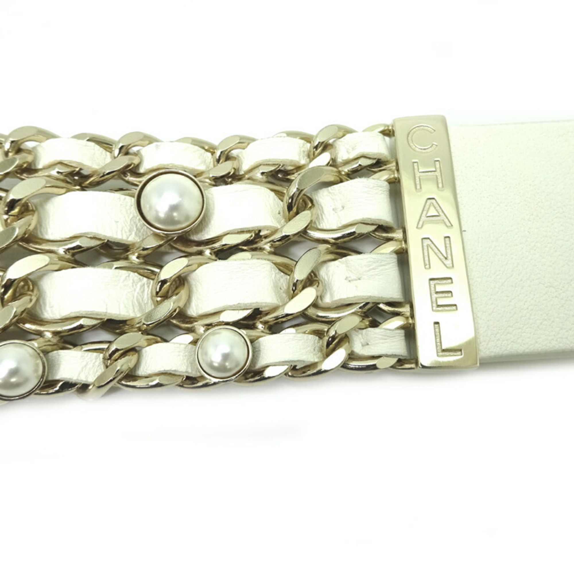 Chanel fake pearl women's belt leather white