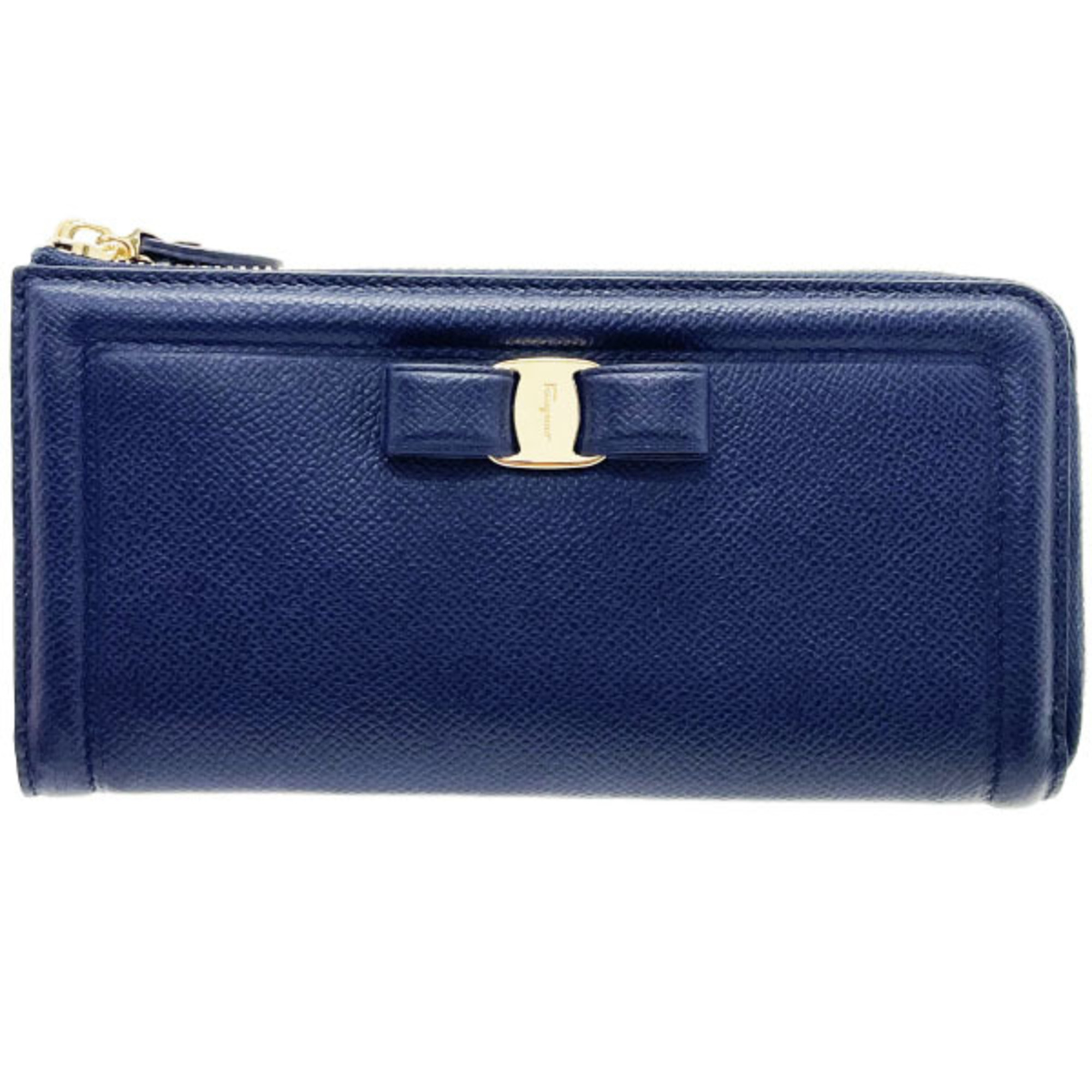 Salvatore Ferragamo Vara L-shaped long wallet in calf leather, navy blue, size 22 C907 ribbon for women THK-13518