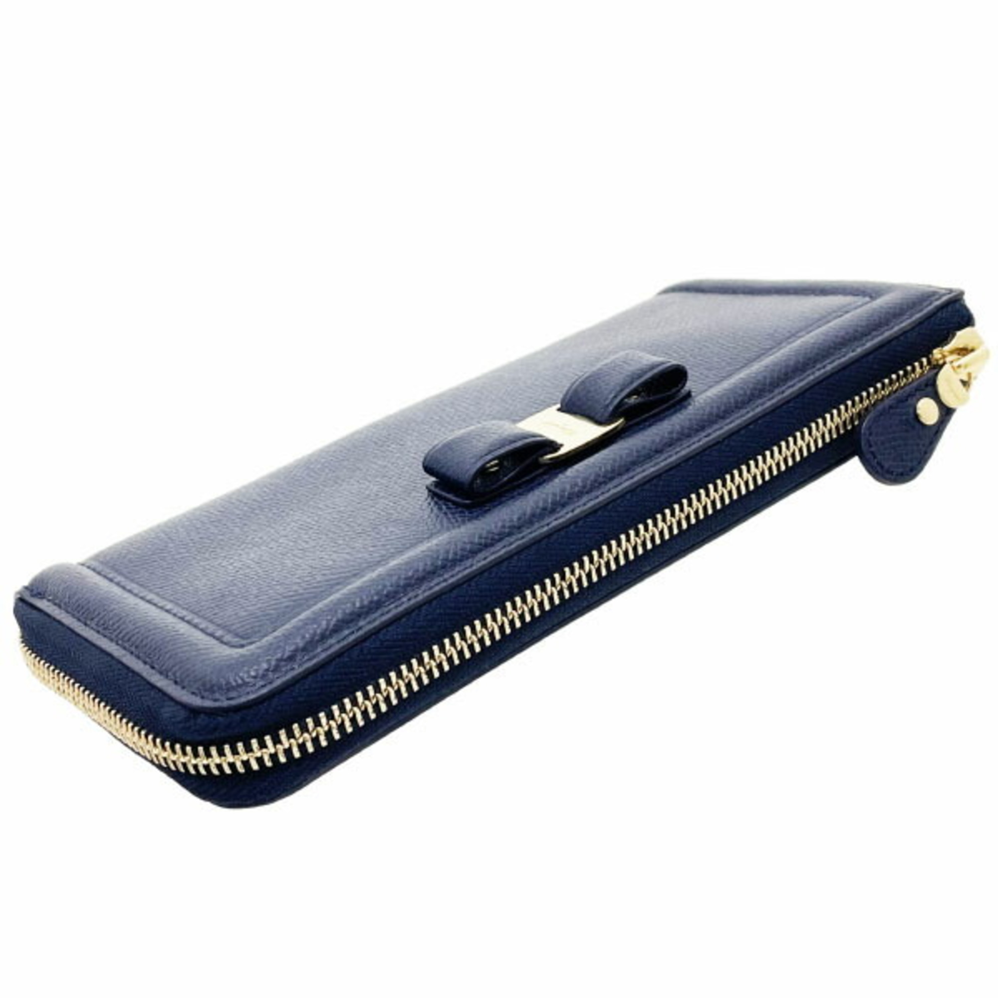 Salvatore Ferragamo Vara L-shaped long wallet in calf leather, navy blue, size 22 C907 ribbon for women THK-13518