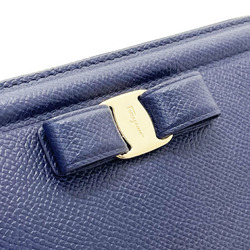 Salvatore Ferragamo Vara L-shaped long wallet in calf leather, navy blue, size 22 C907 ribbon for women THK-13518