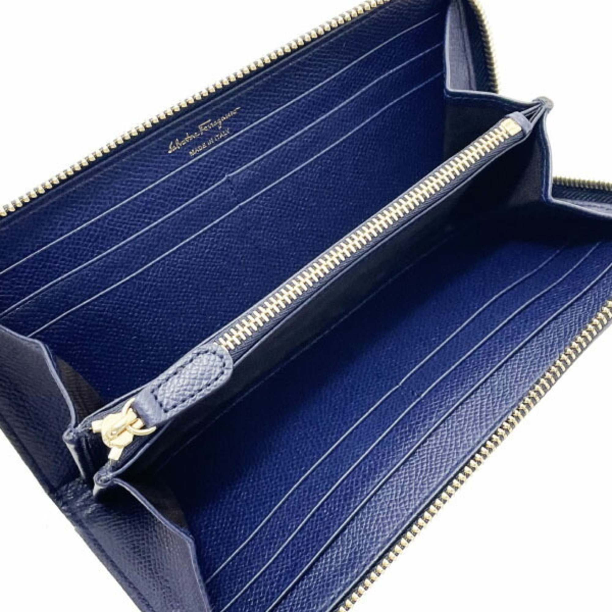 Salvatore Ferragamo Vara L-shaped long wallet in calf leather, navy blue, size 22 C907 ribbon for women THK-13518