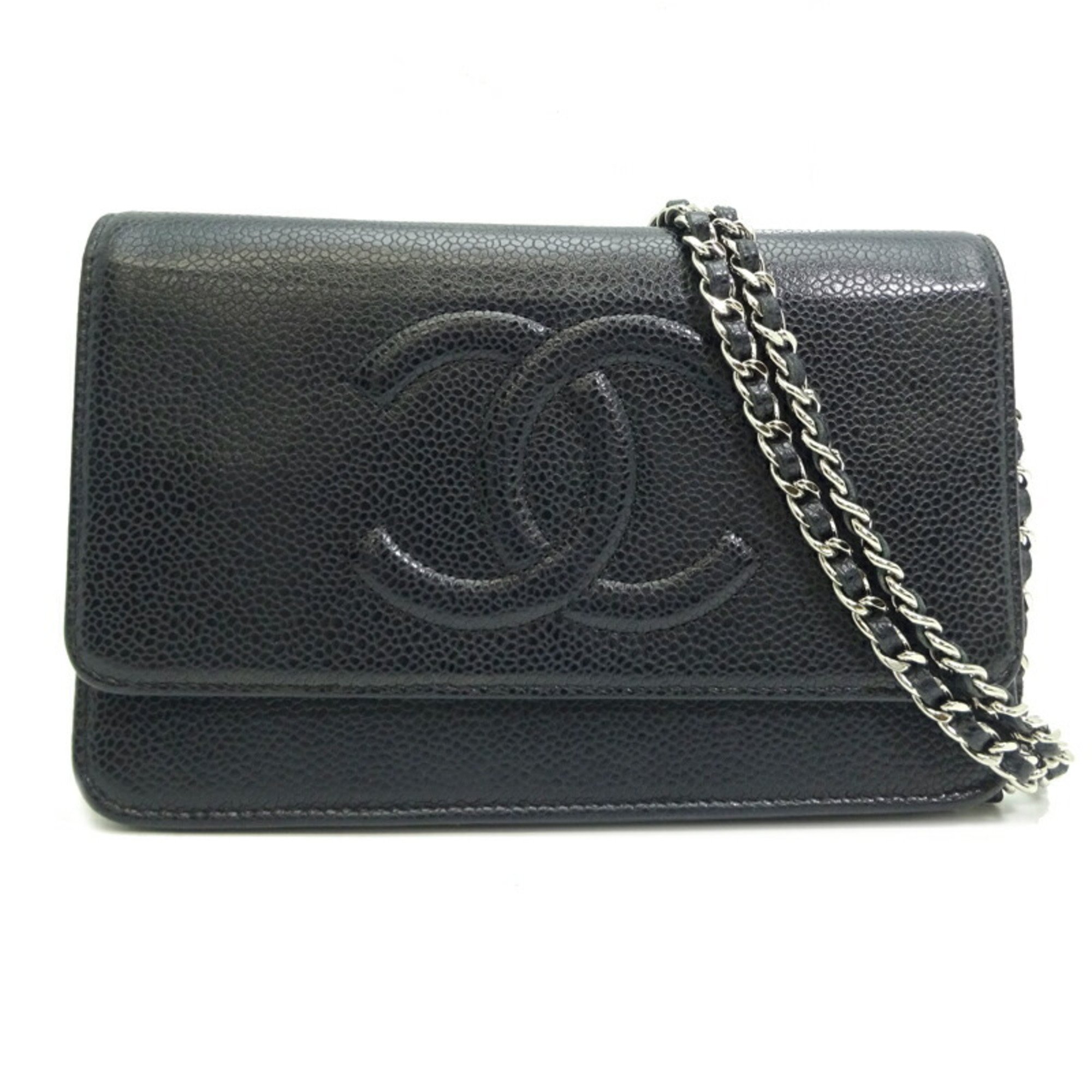 Chanel Chain Wallet Women's Shoulder Bag 8654 Caviar Skin Black