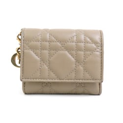 Christian Dior Tri-fold Wallet Leather Beige Women's r10098j