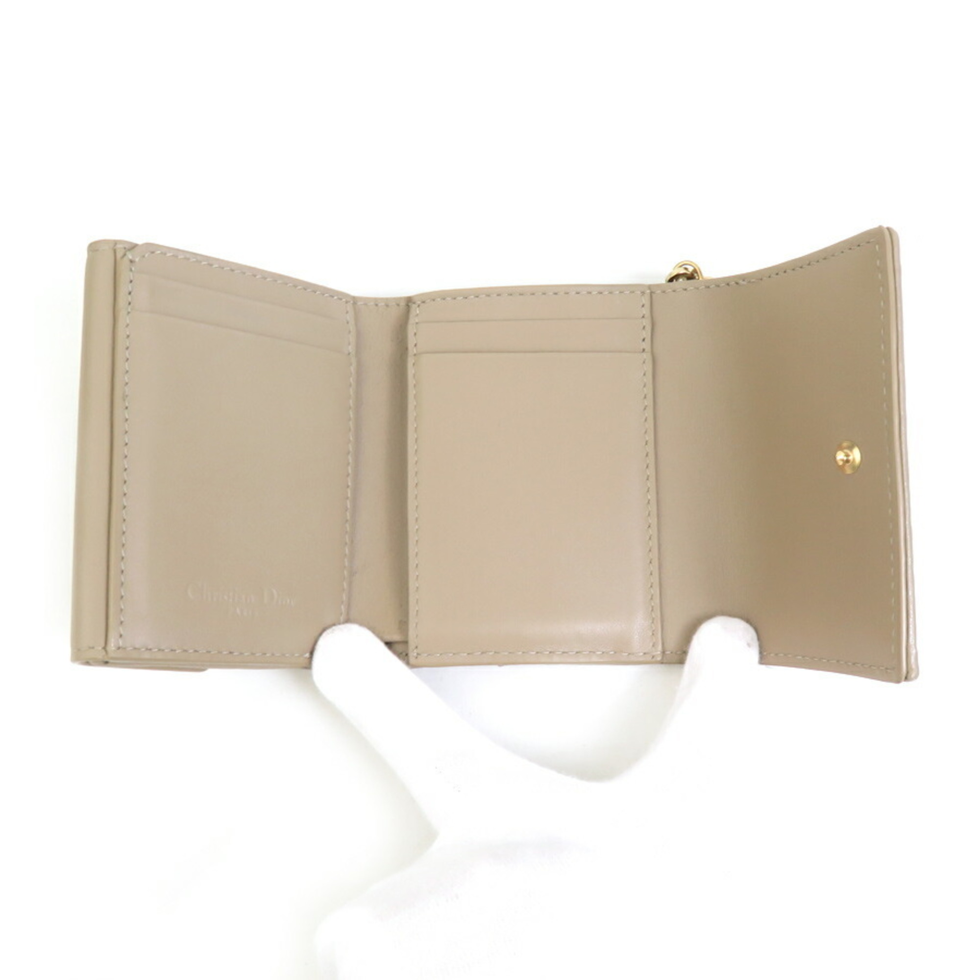 Christian Dior Tri-fold Wallet Leather Beige Women's r10098j