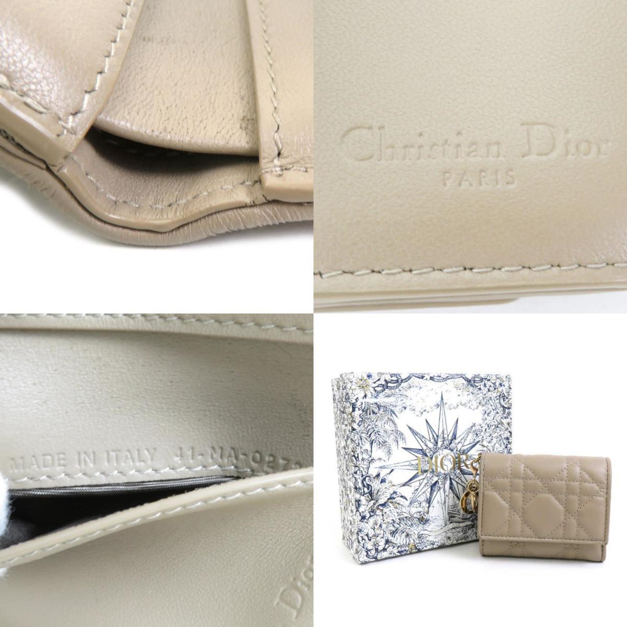 Christian Dior Tri-fold Wallet Leather Beige Women's r10098j