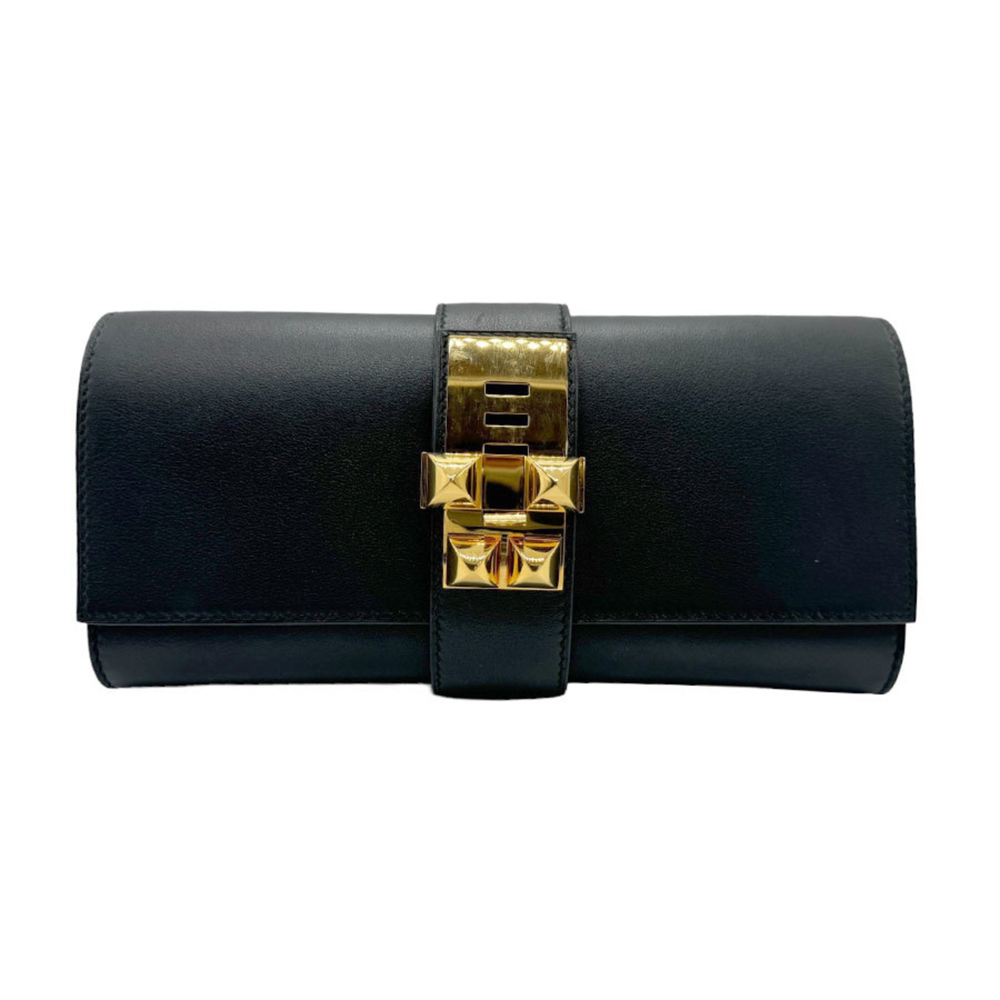 Hermes HERMES Clutch Bag Medor PM Swift Leather Black Gold Women s z1877 eLADY Globazone