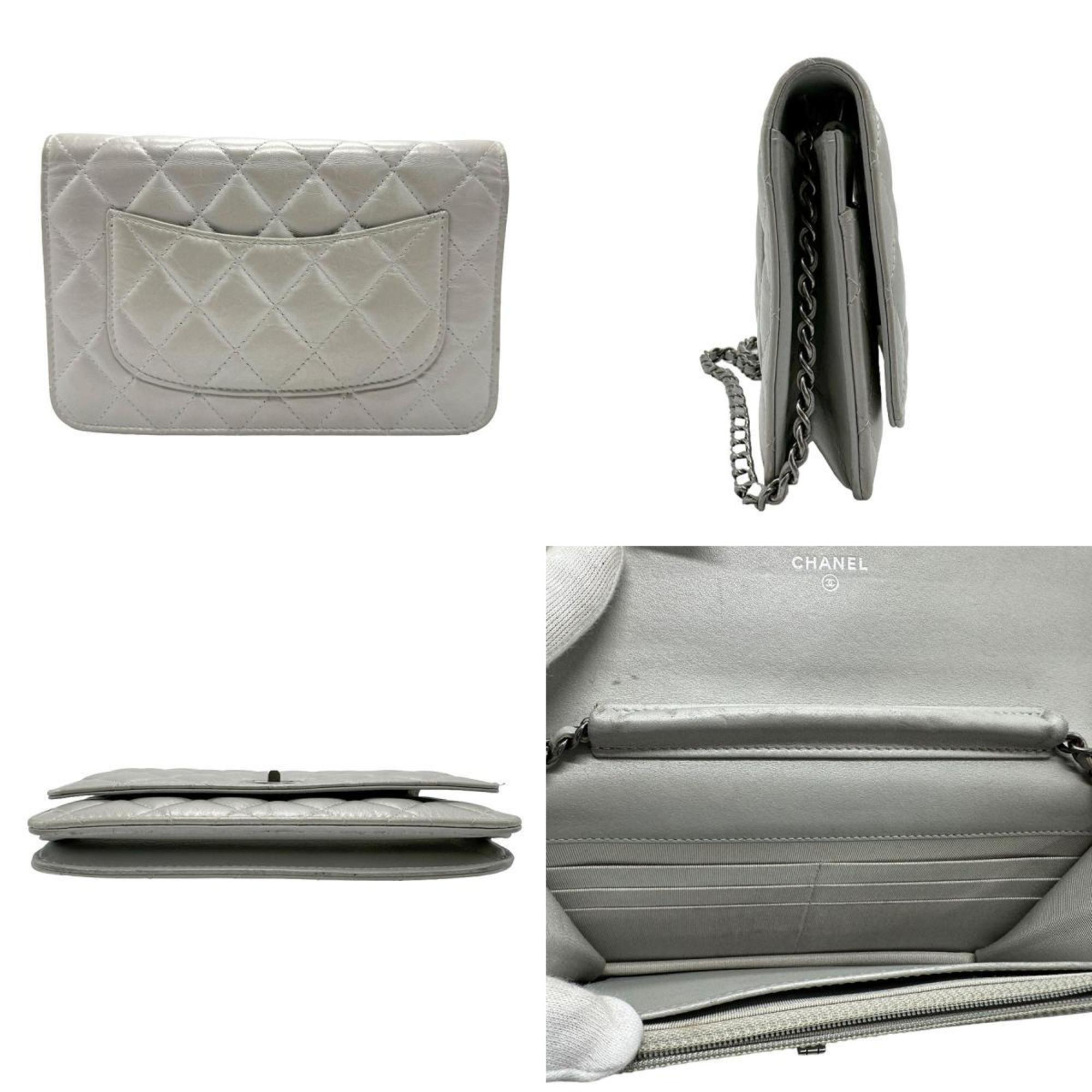 CHANEL Chain Wallet 2.55 Leather Matte Silver Women's z1886