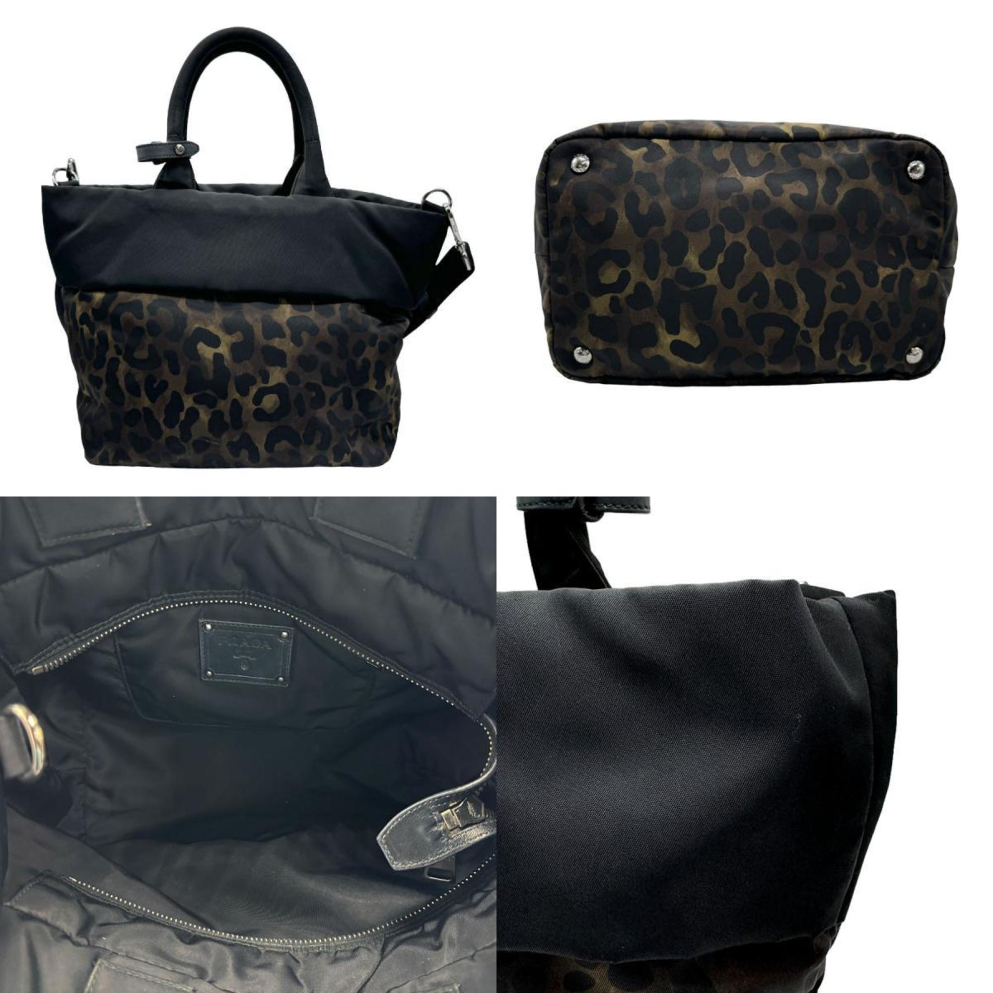 PRADA handbag shoulder bag leopard nylon black brown silver ladies n0145