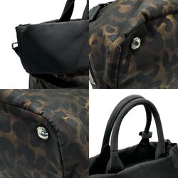 PRADA handbag shoulder bag leopard nylon black brown silver ladies n0145