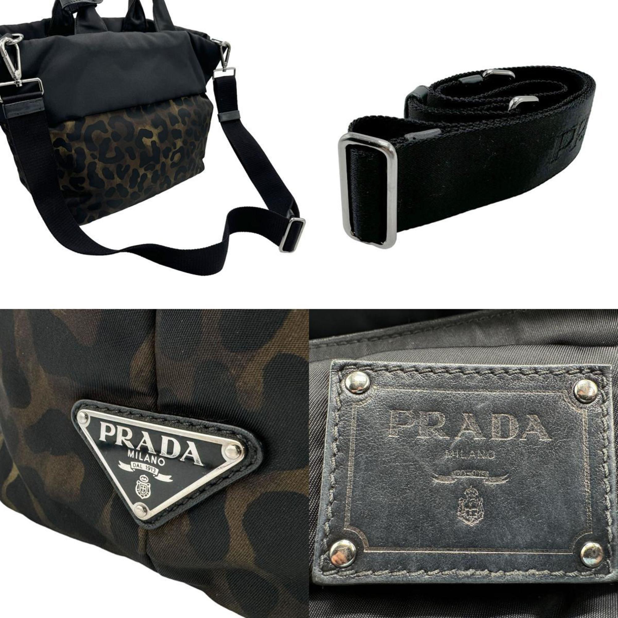 PRADA handbag shoulder bag leopard nylon black brown silver ladies n0145