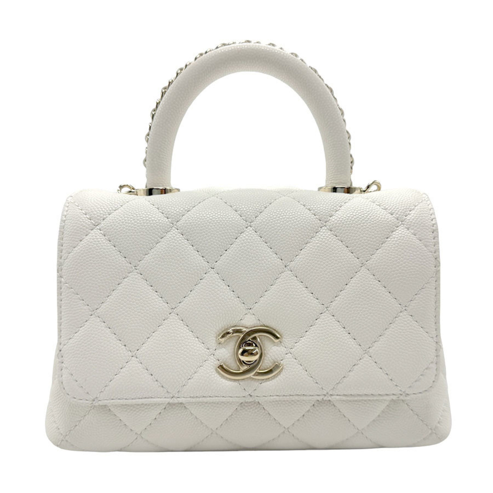 CHANEL Handbag Shoulder Bag Coco Handle XXS Caviar Skin Leather White Gold Women's z1850