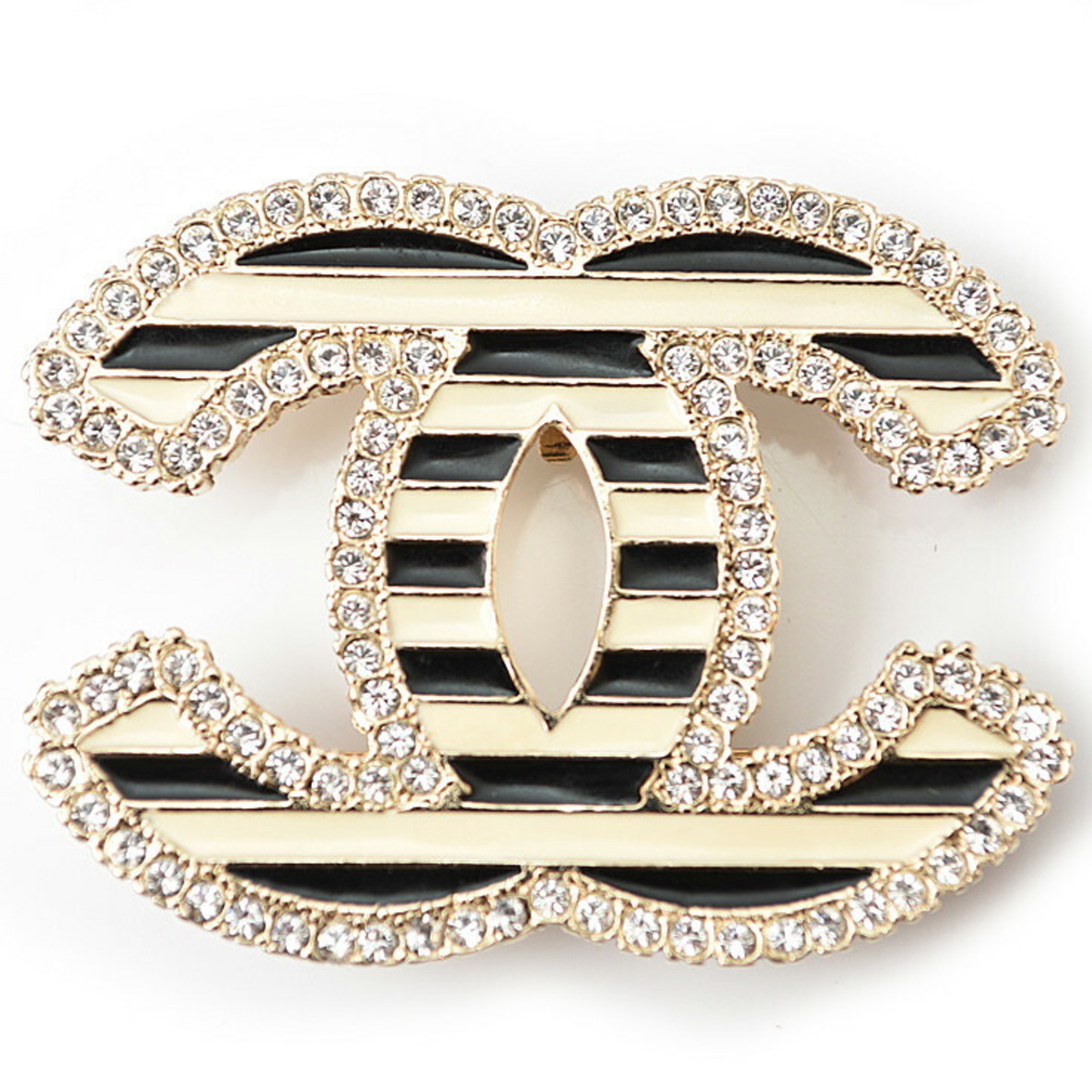 CHANEL Brooch Pin Coco Mark Stripe Rhinestone Gold