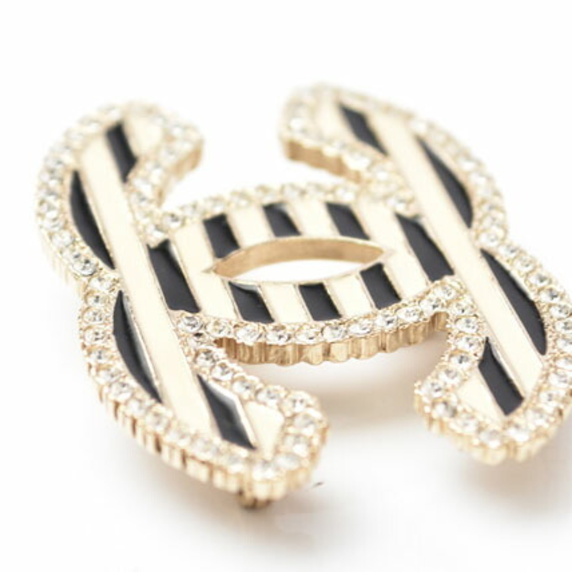 CHANEL Brooch Pin Coco Mark Stripe Rhinestone Gold