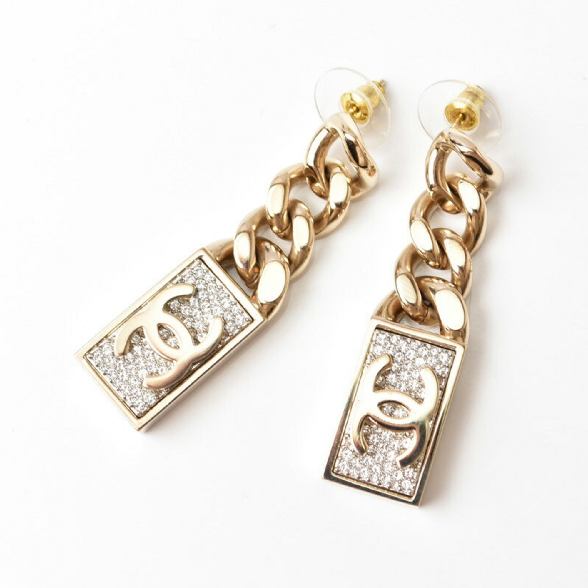 Chanel Earrings CHANEL Swing CC Mark Coco Rhinestone Champagne Gold