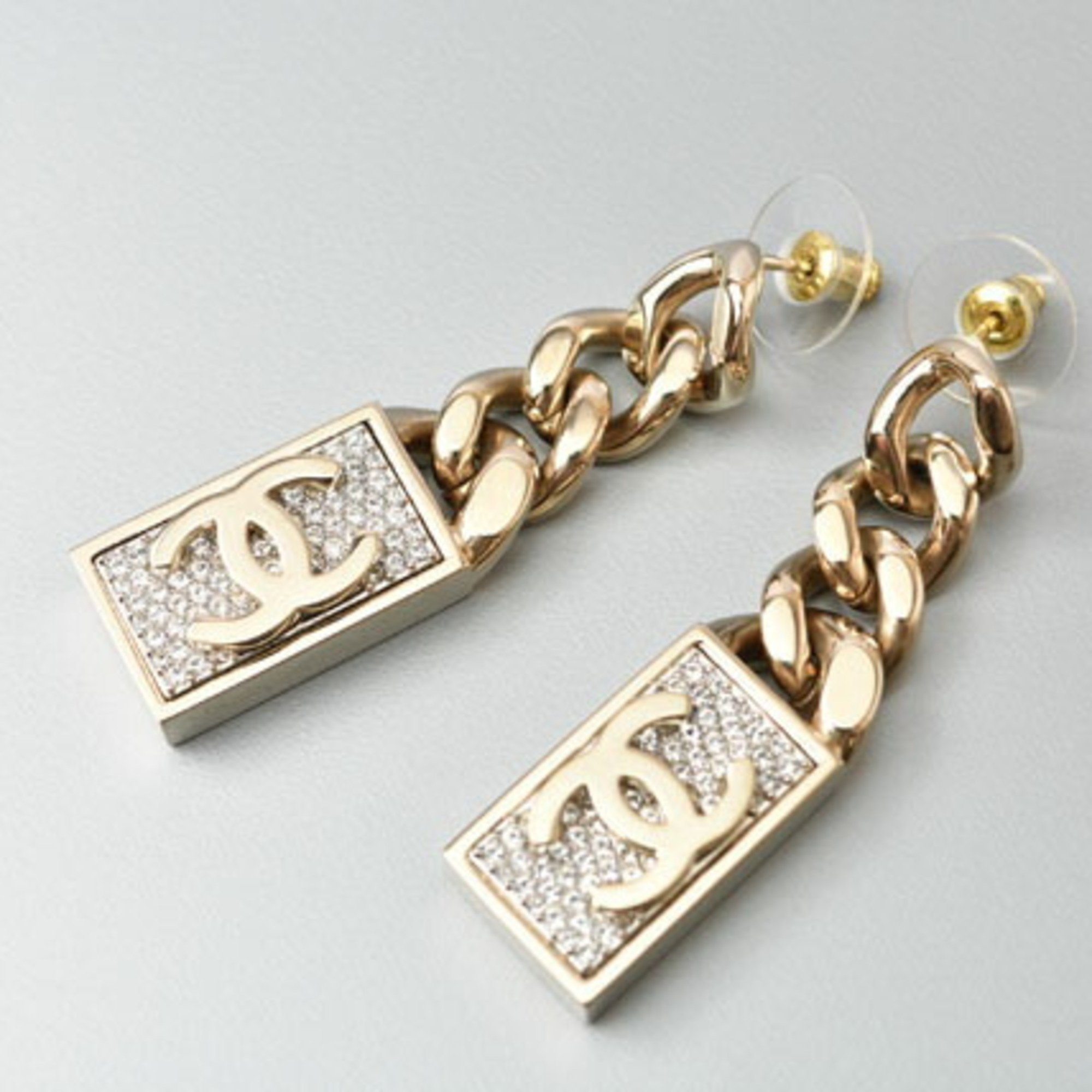 Chanel Earrings CHANEL Swing CC Mark Coco Rhinestone Champagne Gold