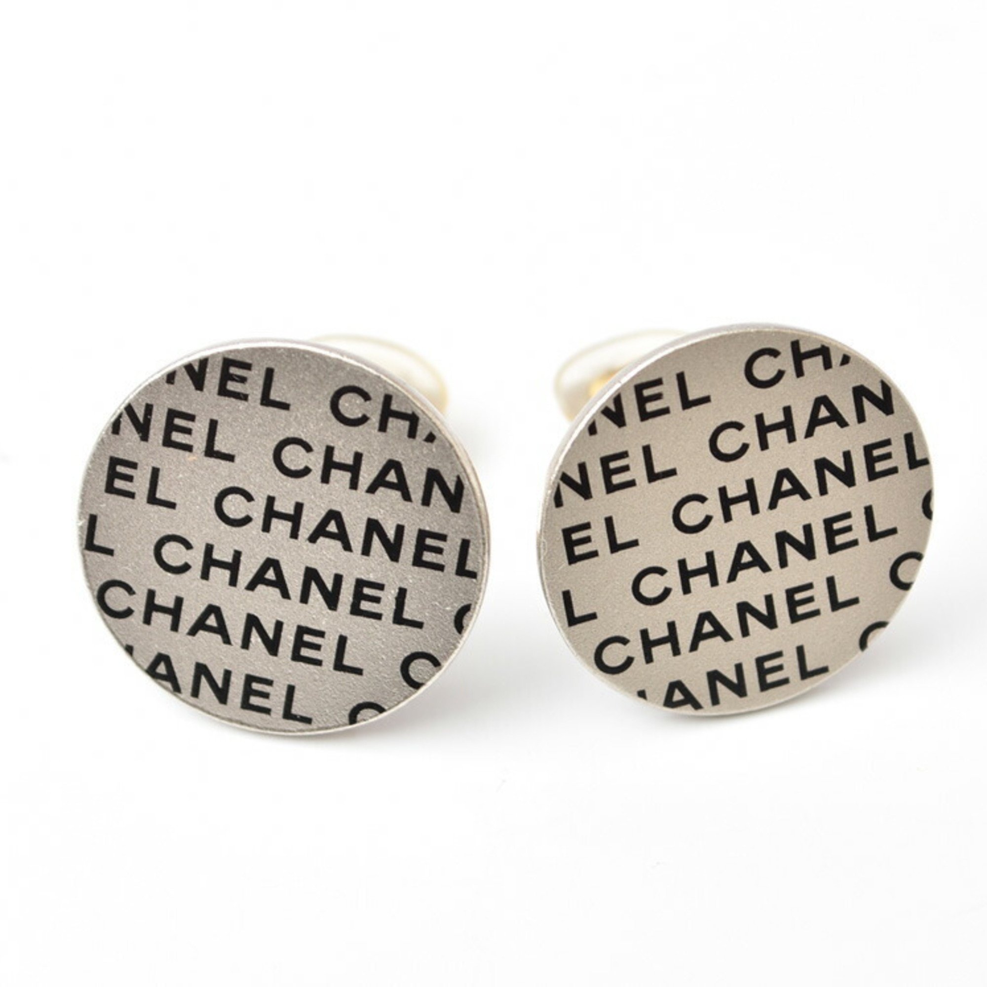 CHANEL Earrings Print Round Plate Silver