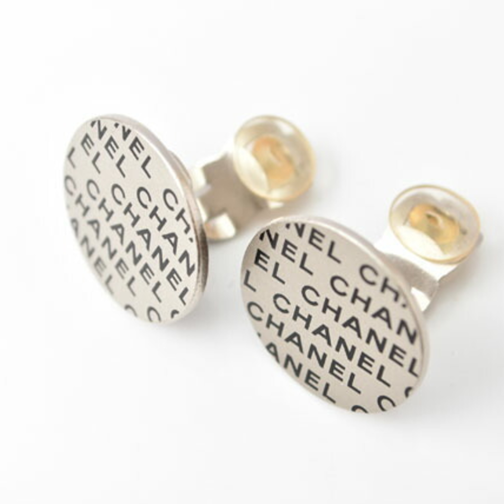 CHANEL Earrings Print Round Plate Silver