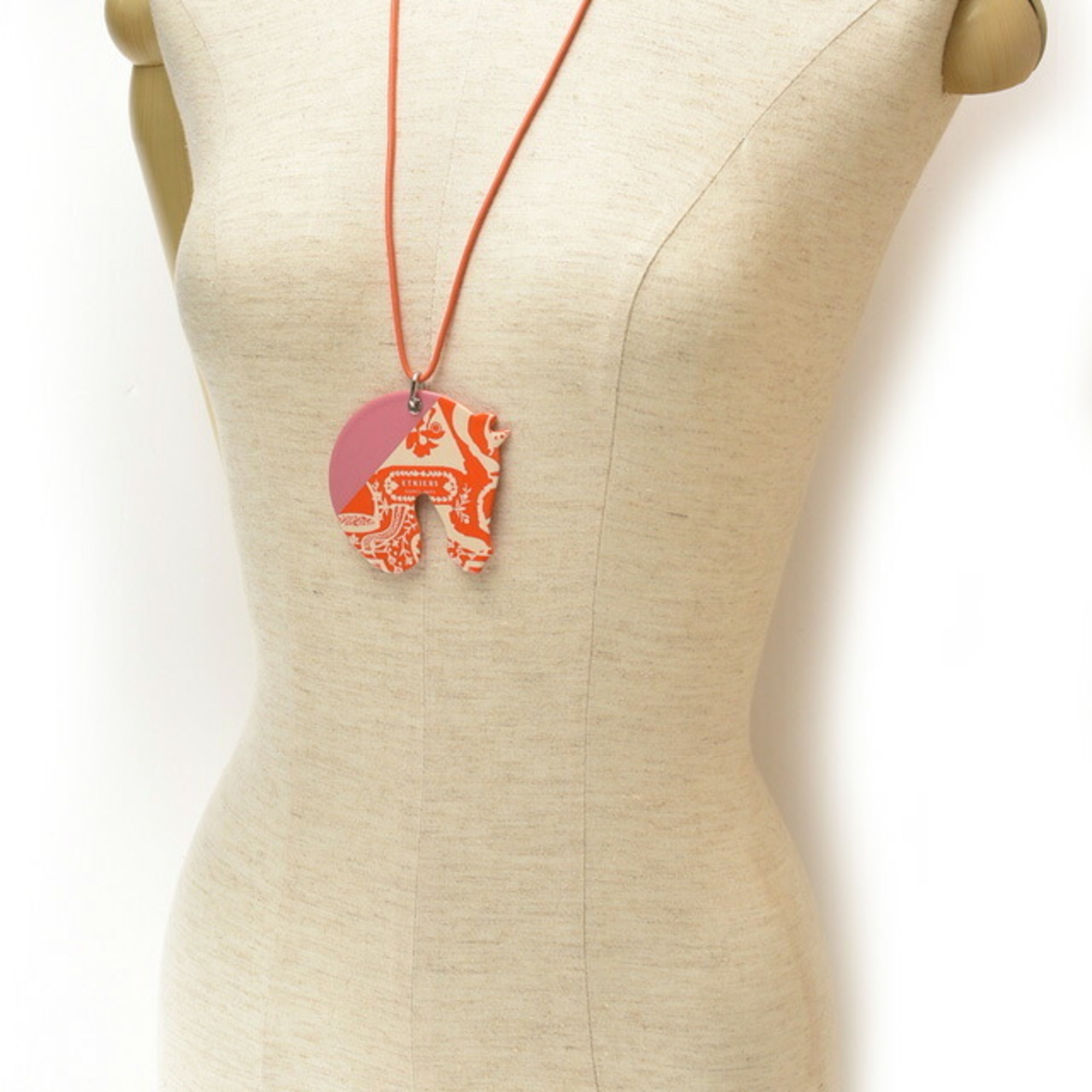 Hermes Necklace Pendant HERMES Choker Tattersall TATERSALE GM Orange Multi Rose