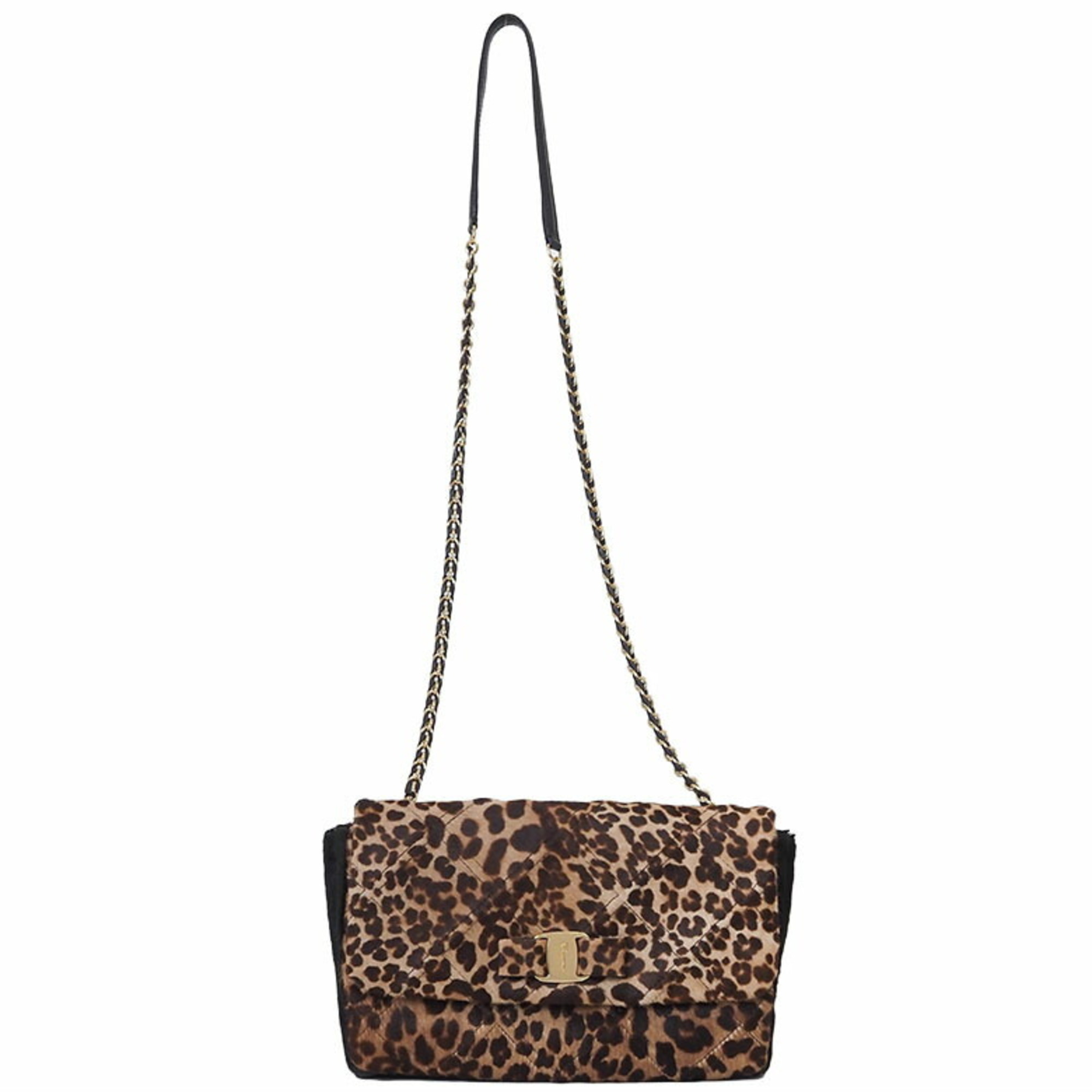 Salvatore Ferragamo pony leopard print Vara ribbon chain shoulder bag brown AU-21/E767