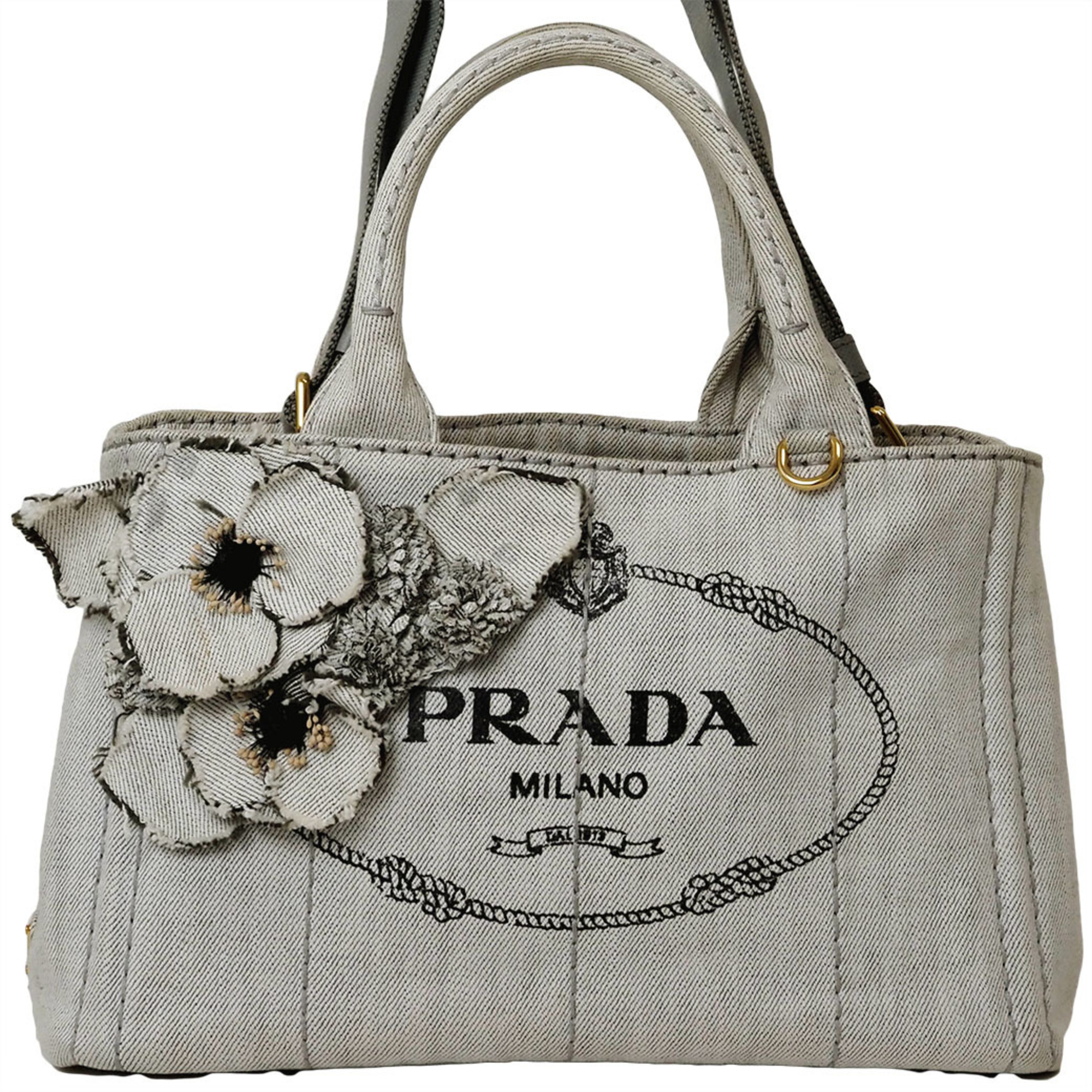 Prada Canapa Handbag Denim Flower Tote Bag 1BG439 Light Grey Women's PRADA