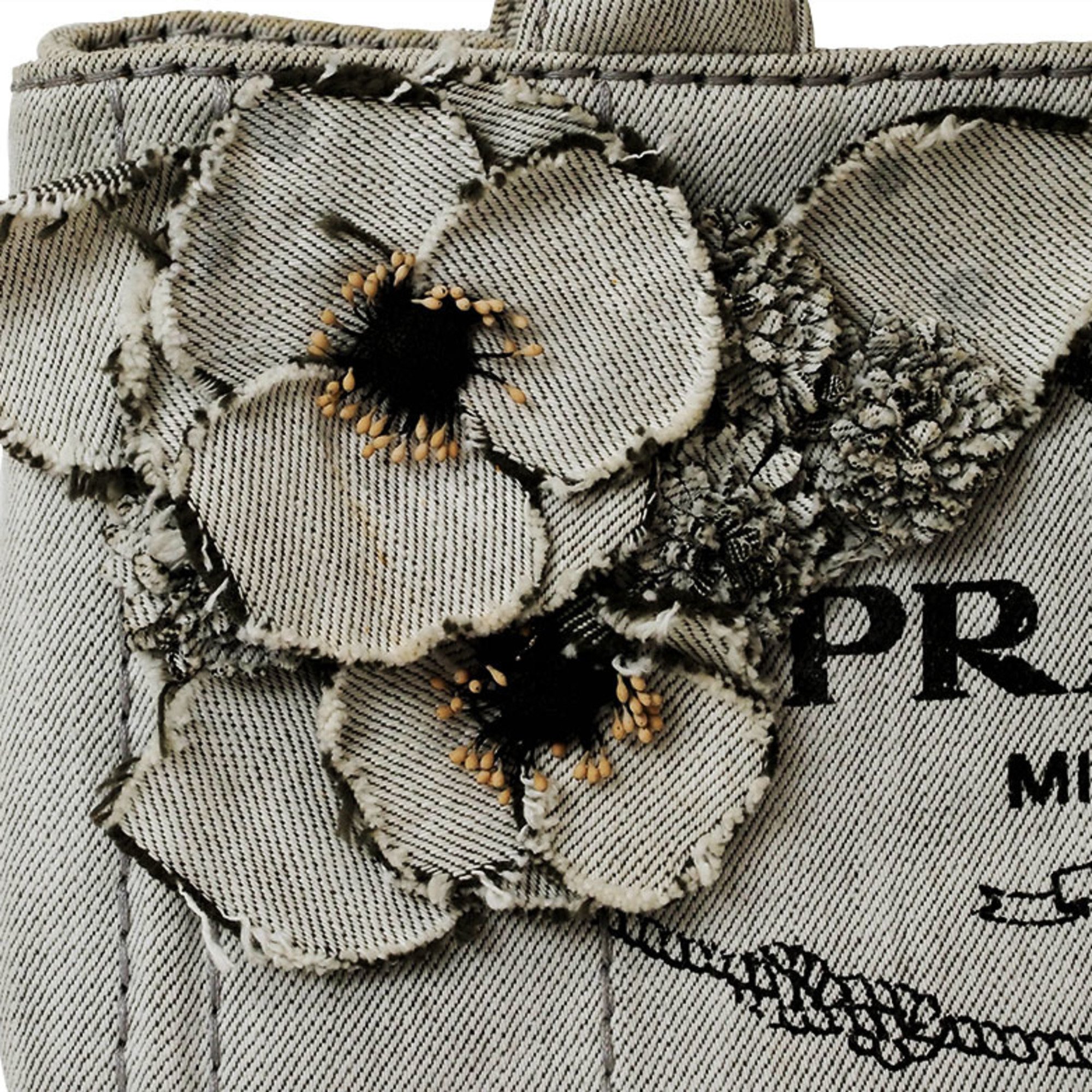 Prada Canapa Handbag Denim Flower Tote Bag 1BG439 Light Grey Women's PRADA