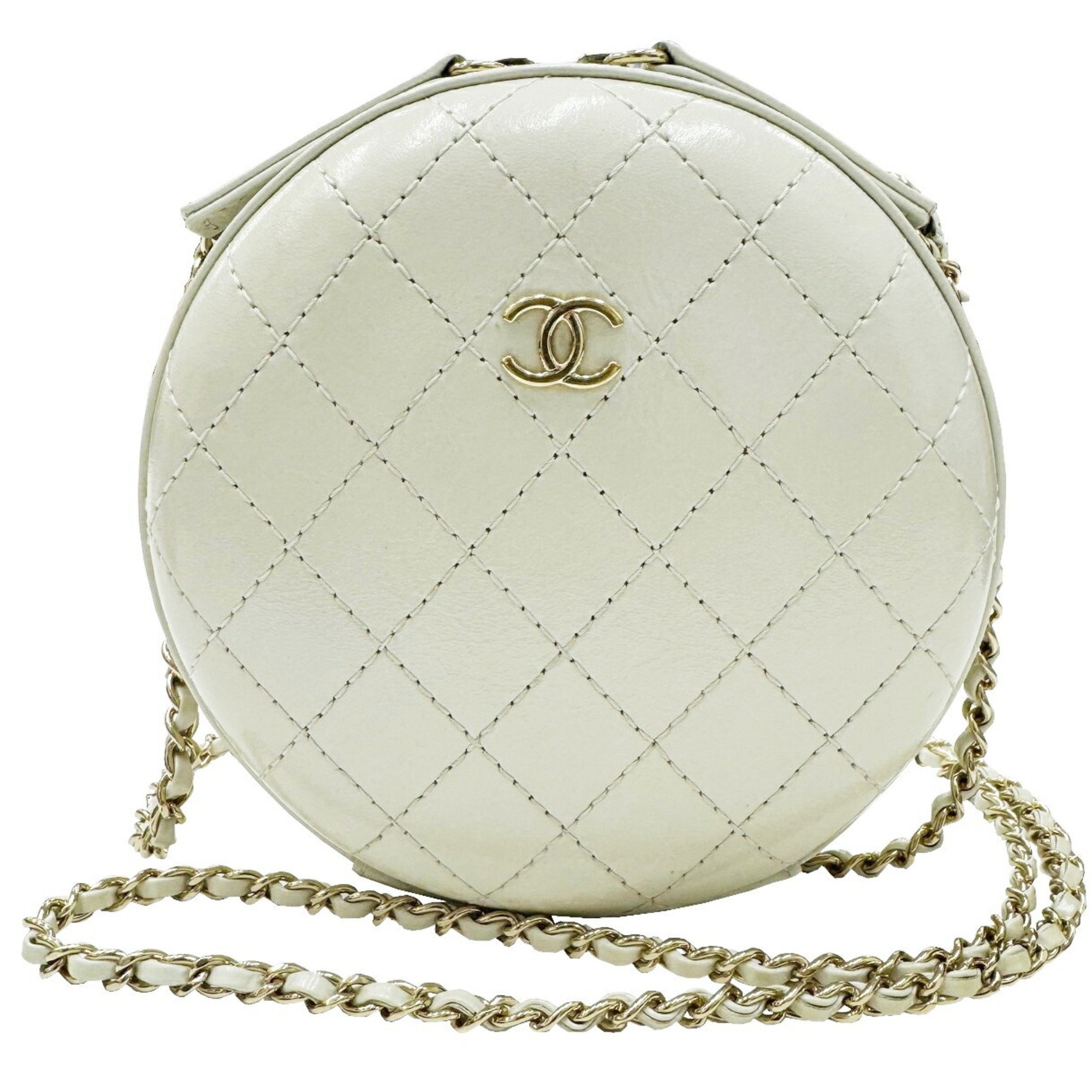 CHANEL Chanel Matelasse Round Chain Shoulder Leather 2 Ivory Women's