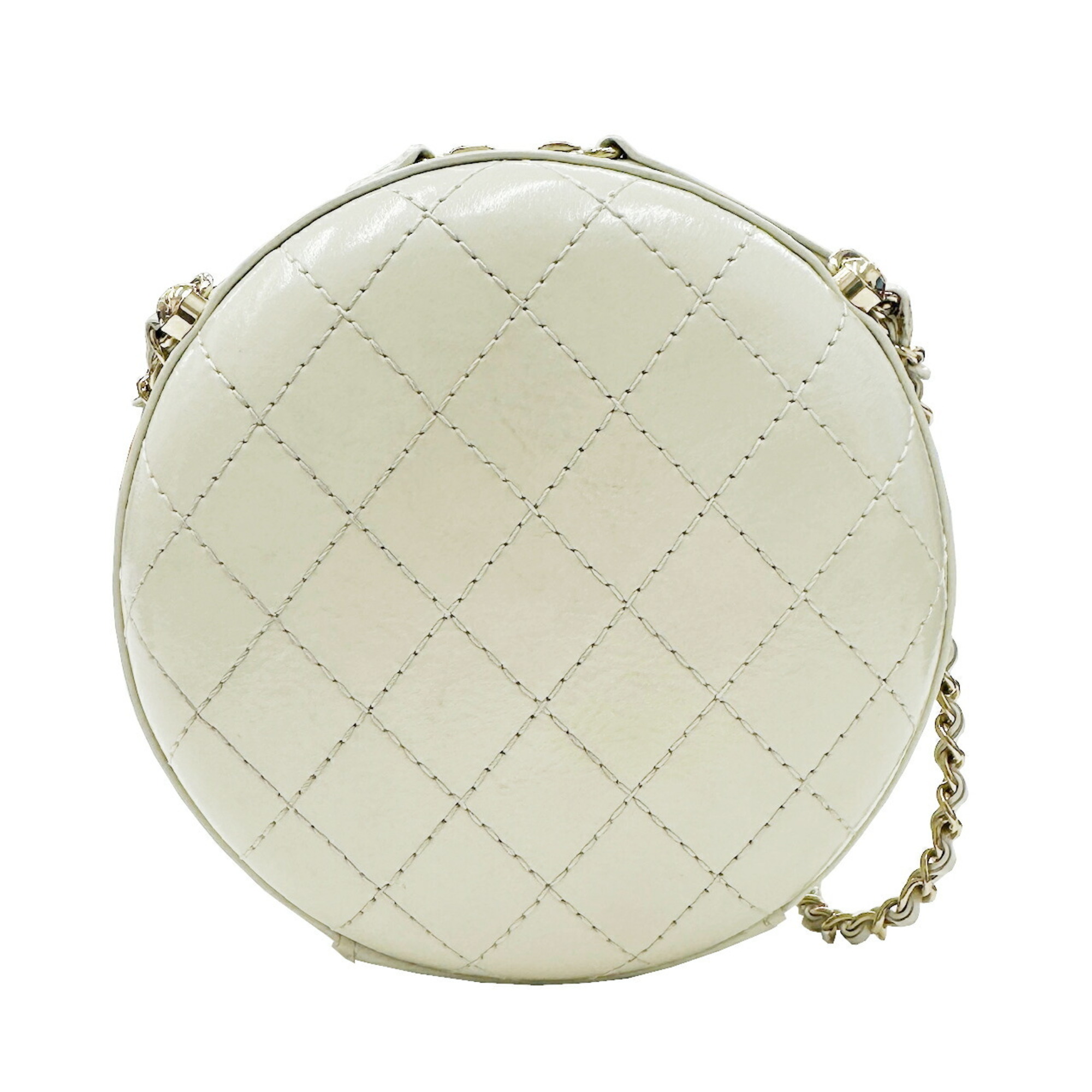 CHANEL Chanel Matelasse Round Chain Shoulder Leather 2 Ivory Women's