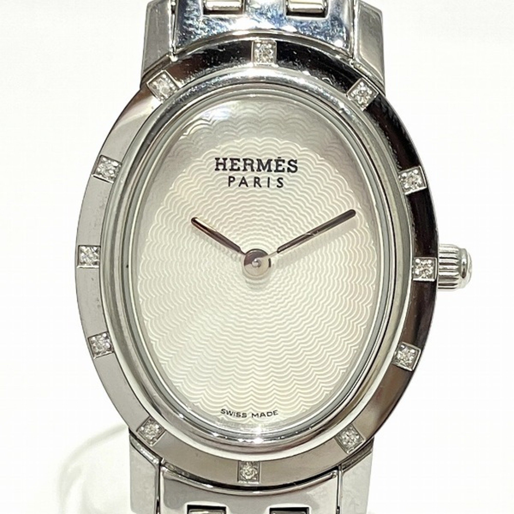 Hermes Clipper Nacré Oval CO1.230 Quartz 12P Diamond Watch Women's