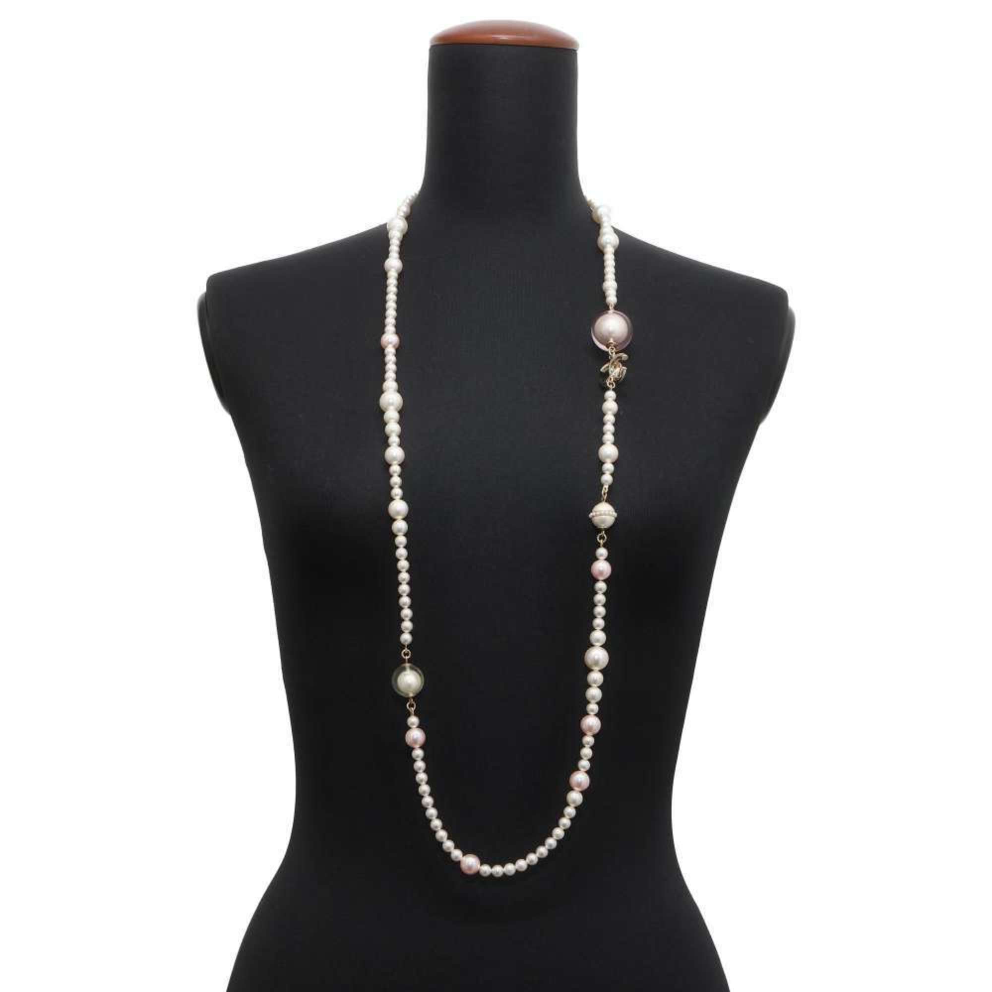 Chanel Long Necklace Coco Mark Fake Pearl A17K CHANEL White