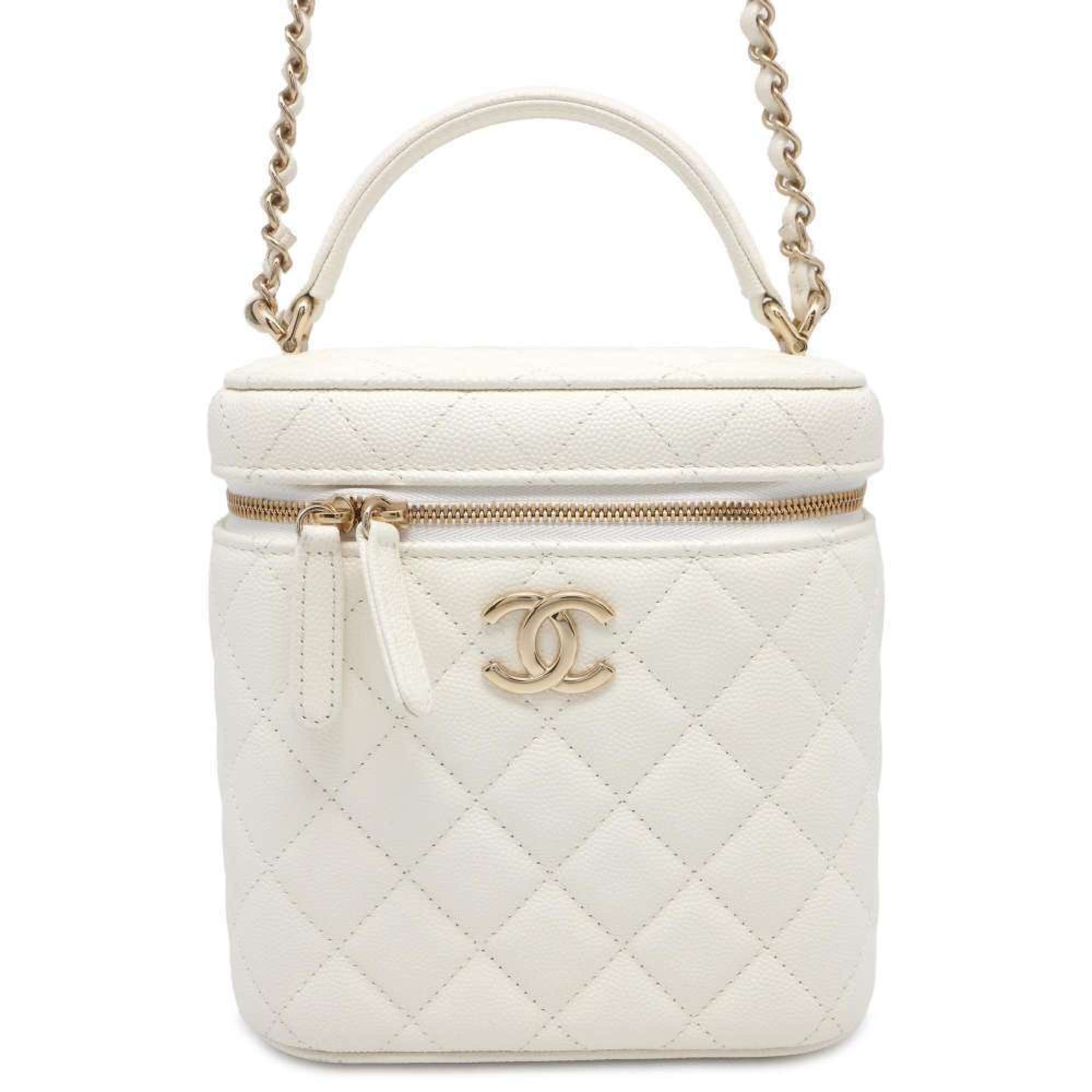 Chanel Chain Shoulder Bag Coco Mark Matelasse Vanity Caviar Skin CHANEL White