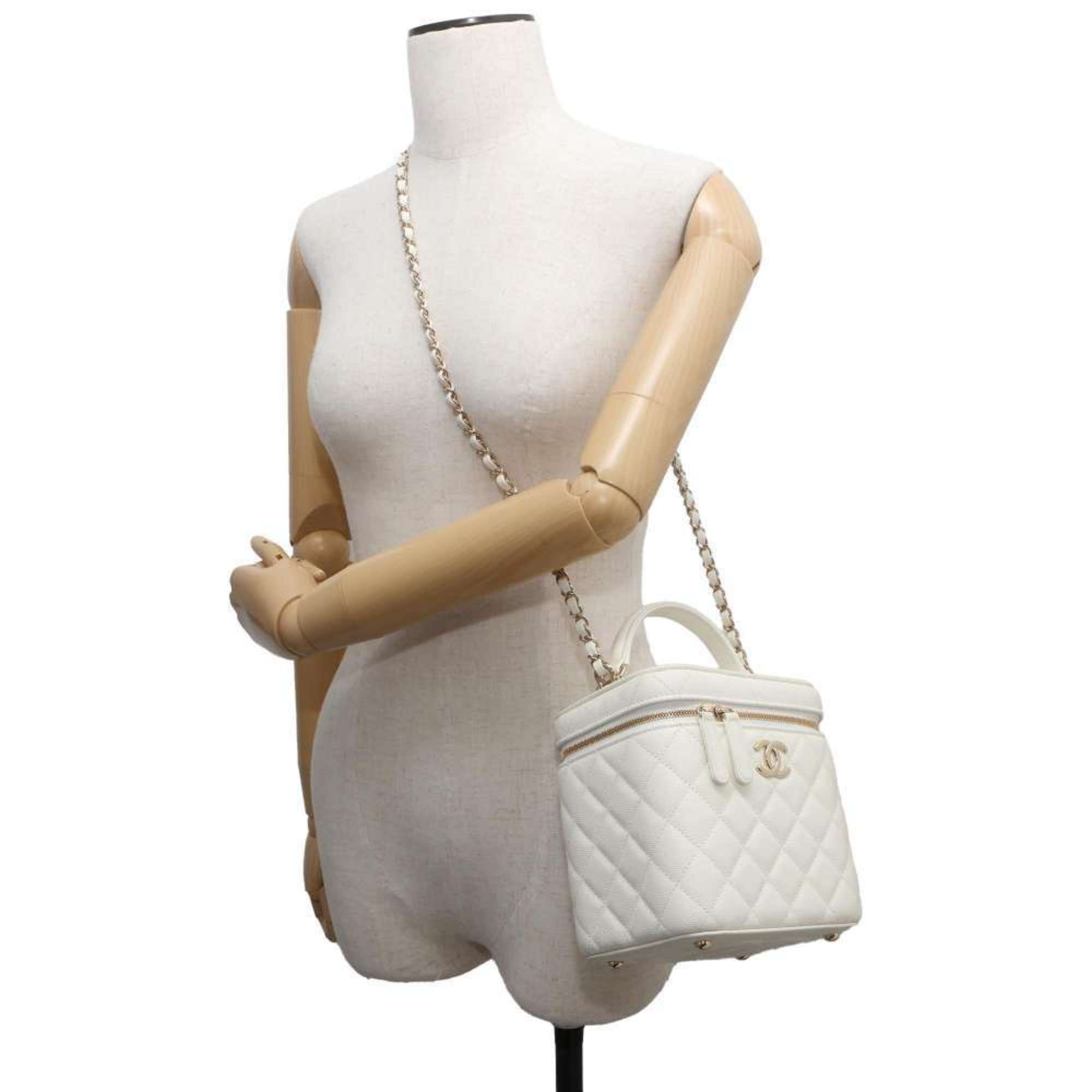 Chanel Chain Shoulder Bag Coco Mark Matelasse Vanity Caviar Skin CHANEL White