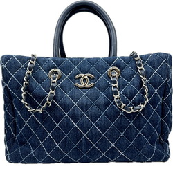 CHANEL Chanel Denim Tote Bag Wild Stitch Quilting Blue Handbag Chain Shoulder Women's