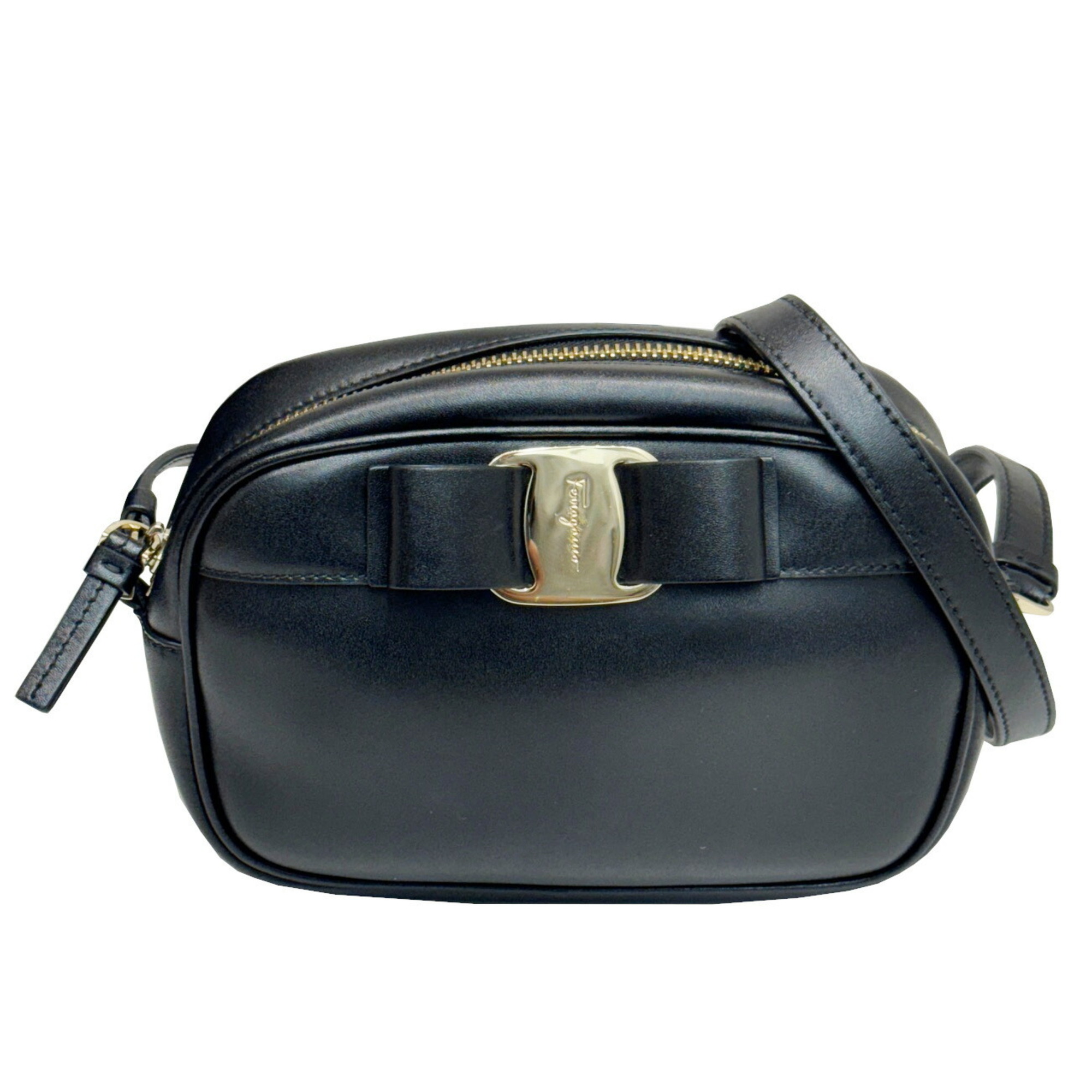 Salvatore Ferragamo Vara Shoulder Bag Ribbon Black Leather Women's